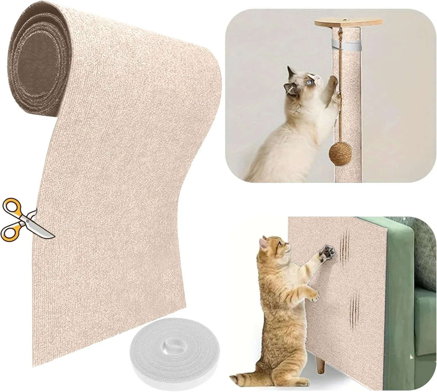 118x15.8 Trimmable Cat Scratching Post Carpet Cover Cat Scratcher Mat Self-Adhesive Cat Tree Shelves Replacement Parts Mat with 5M Cable Tie Couch Furniture Protector for Indoor Cats(Beige)