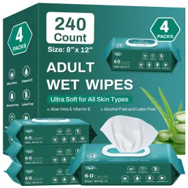 [240 Count] Adult Wipes for Incontinence, 8" x 12" Extra Large Wet Wipes for Incontinence & Cleansing, Body Wipes Bath Wipes - Disposable Washcloths for Elderly - Vitamin E & Aloe