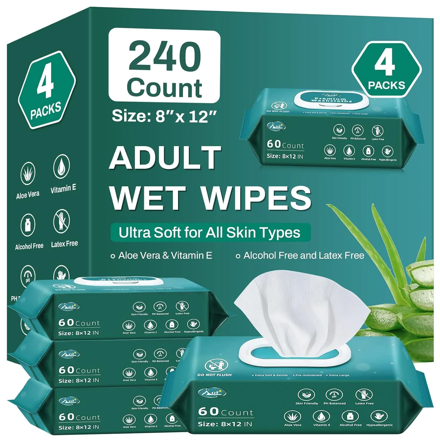 [240 Count] Adult Wipes for Incontinence, 8" x 12" Extra Large Wet Wipes for Incontinence & Cleansing, Body Wipes Bath Wipes - Disposable Washcloths for Elderly - Vitamin E & Aloe