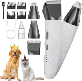 3 in 1 Dog Grooming Clippers, Wireless Electric Low Noise Pet Trimmer Set with Paw Trimmer-Nail Grinder, Rechargeable Dog Grooming Kit, for Small and Large Dogs Cats Pets