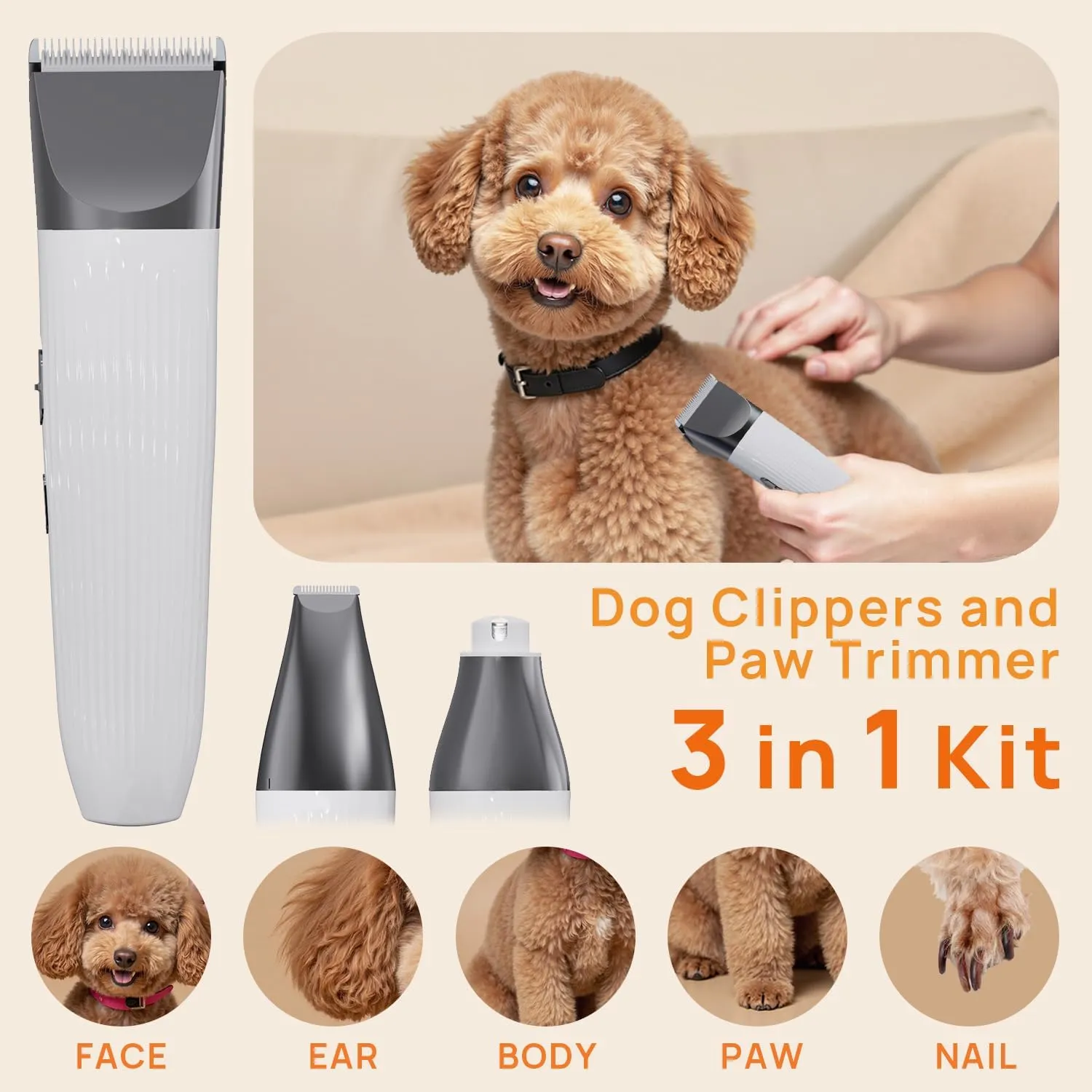 3 in 1 Dog Grooming Clippers, Wireless Electric Low Noise Pet Trimmer Set with Paw Trimmer-Nail Grinder, Rechargeable Dog Grooming Kit, for Small and Large Dogs Cats Pets