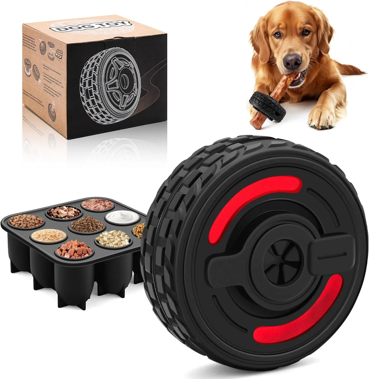 3-in-1 Dog Treat Toy for Aggressive Chewer, Natural Rubber Dog Puzzle, Bully Stick Holder, Frozen Treat Dispensing Toy for Small Medium Large Breeds