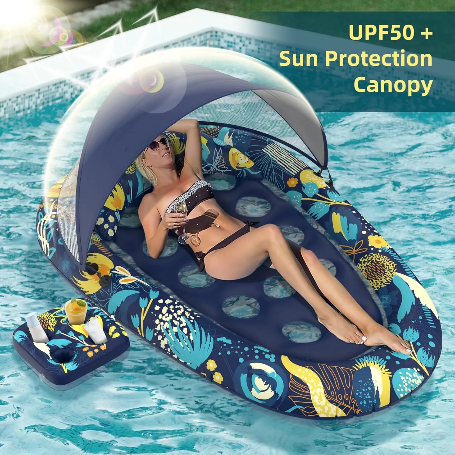 3-in-1 Pool Floats with Canopy and Cup Holder, Inflatable Pool Floats for Adults Lounger Raft Floating Chair for Swimming Pool Lake Water Lounge Float Beach Pool Party Toys