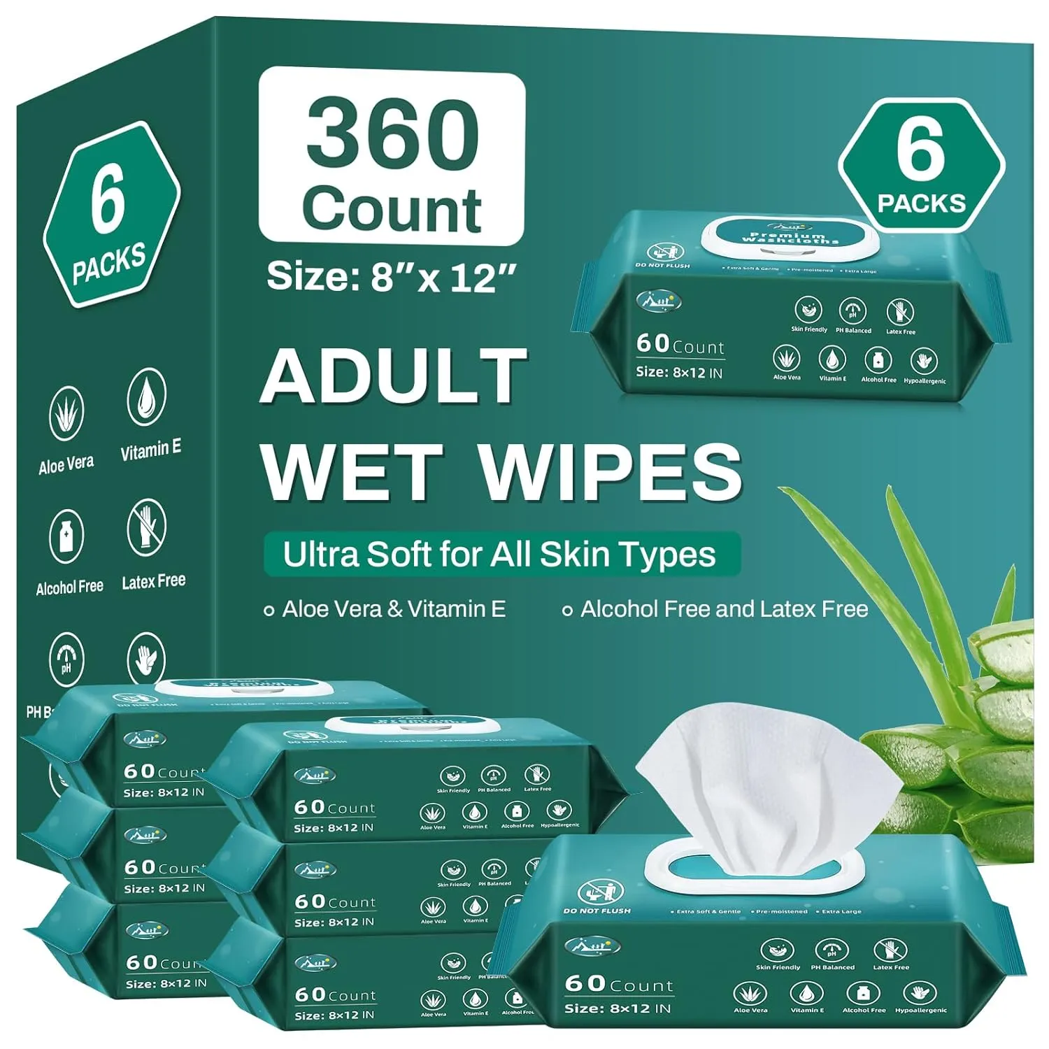 [360 Count] Adult Wipes for Incontinence, 8" x 12" Extra Large Wet Wipes for Incontinence & Cleansing, Body Wipes Bath Wipes - Disposable Washcloths for Elderly - Vitamin E & Aloe