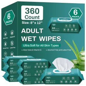 [360 Count] Adult Wipes for Incontinence, 8" x 12" Extra Large Wet Wipes for Incontinence & Cleansing, Body Wipes Bath Wipes - Disposable Washcloths for Elderly - Vitamin E & Aloe