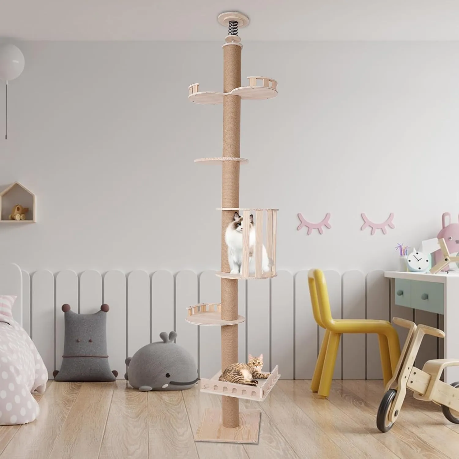 5 Tier Multifunctional Cat Climbing Shelf, Height Adjustable Cat Scratching Post, High Cat Tower Tree Scratching Climbing Post, Weight Capacity 44 lbs, for Living Room Bedroom Balcony Pet Shop