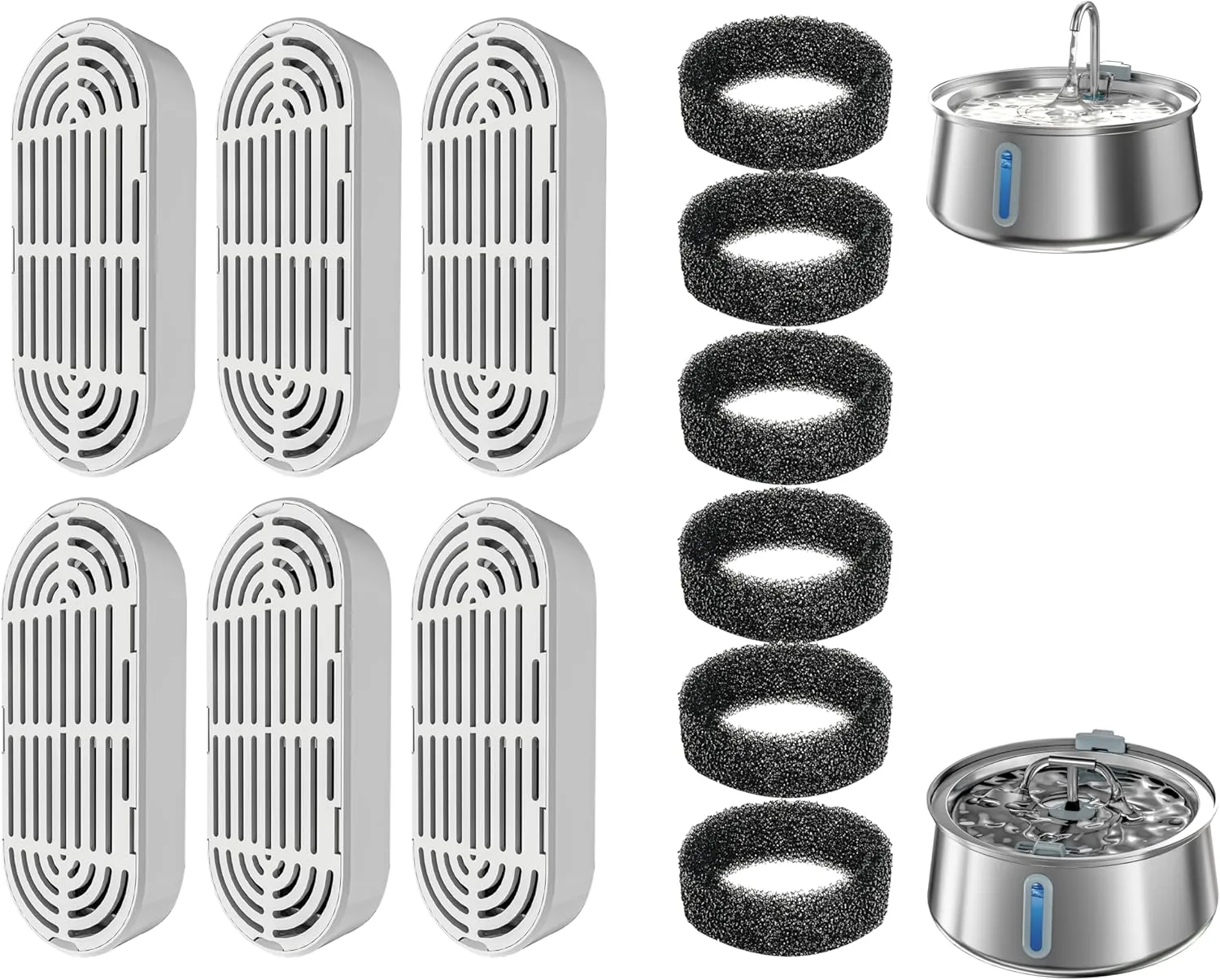 6 Pack Replacement Filters and 6 Pack Replacement Pre-Filter Sponges for 4L/135oz Stainless Steel Pet Water Fountain, Multiple Filtration, Easy to Clean and Replace