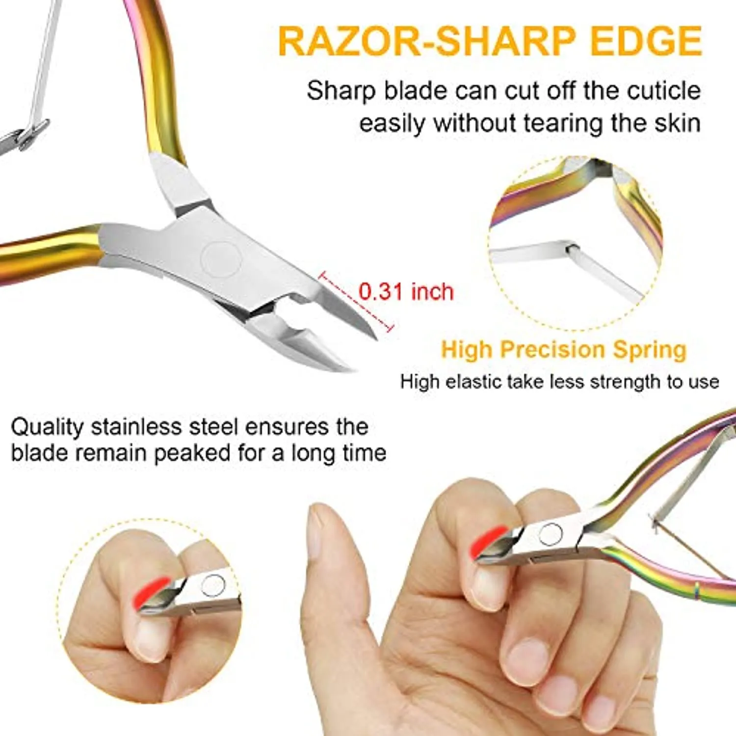 Acrylic Nail Clipper False Nail Tips Clipper Cuticle Trimmer Nipper with Cuticle Pusher Cuticle Remover, Stainless Steel Rainbow Color Nail Manicure Set for Salon Home Nail Art