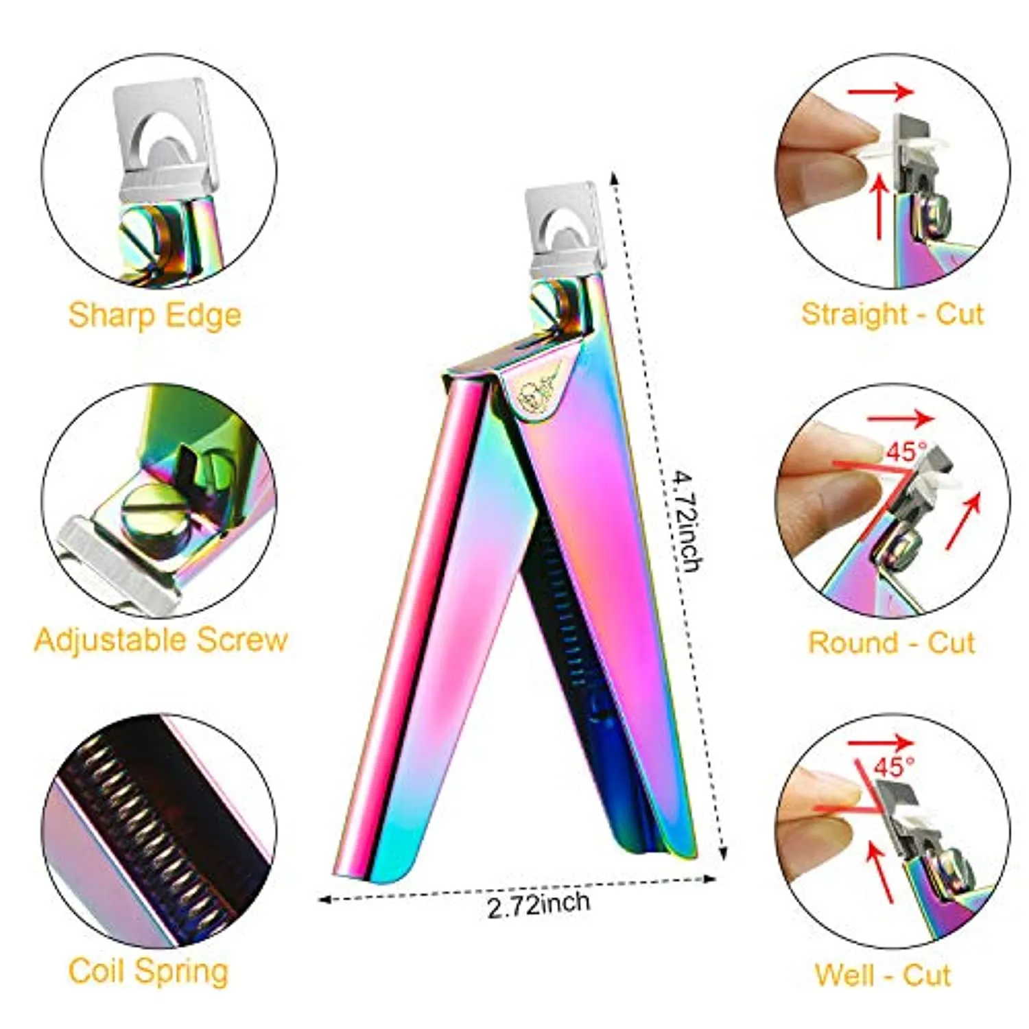 Acrylic Nail Clipper False Nail Tips Clipper Cuticle Trimmer Nipper with Cuticle Pusher Cuticle Remover, Stainless Steel Rainbow Color Nail Manicure Set for Salon Home Nail Art