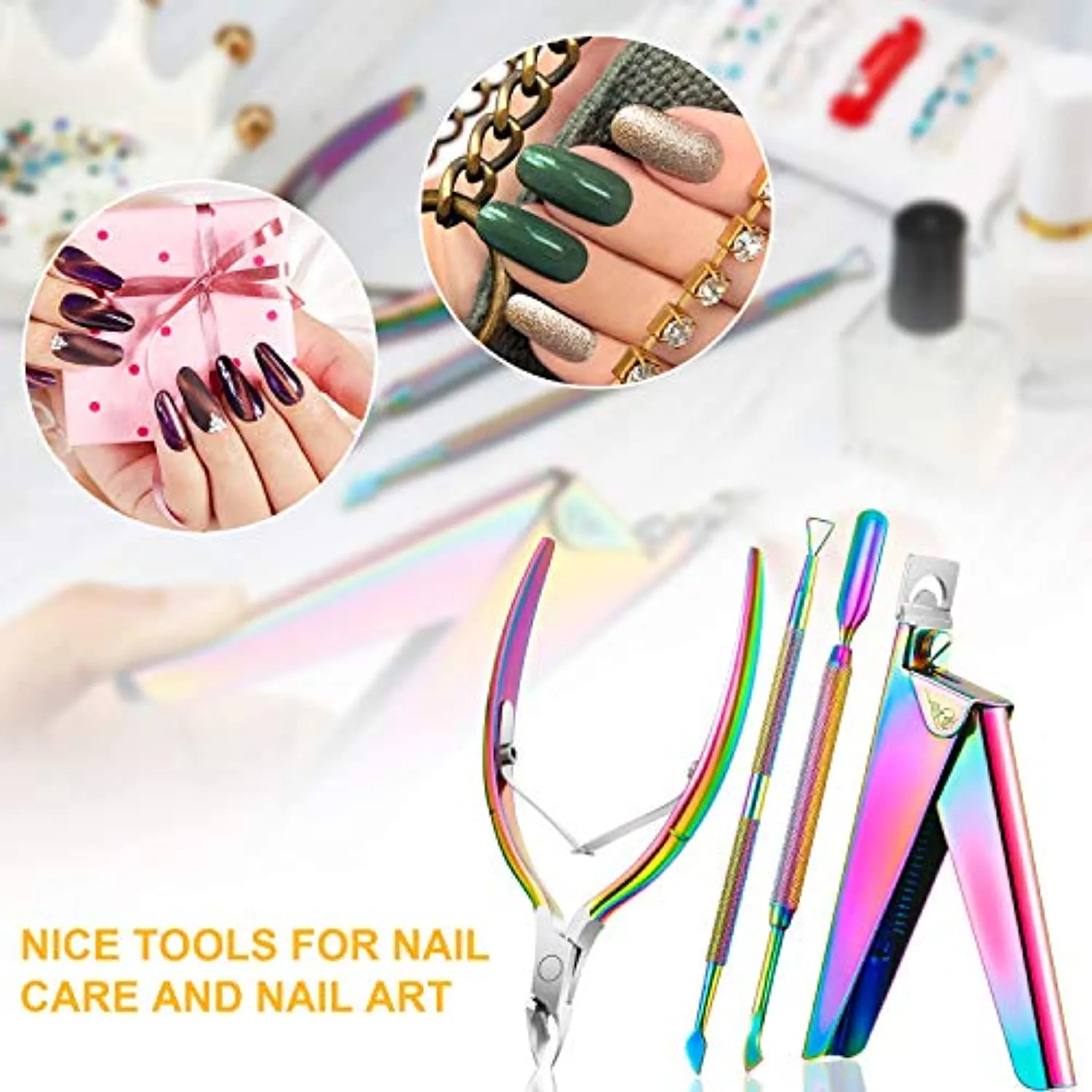 Acrylic Nail Clipper False Nail Tips Clipper Cuticle Trimmer Nipper with Cuticle Pusher Cuticle Remover, Stainless Steel Rainbow Color Nail Manicure Set for Salon Home Nail Art