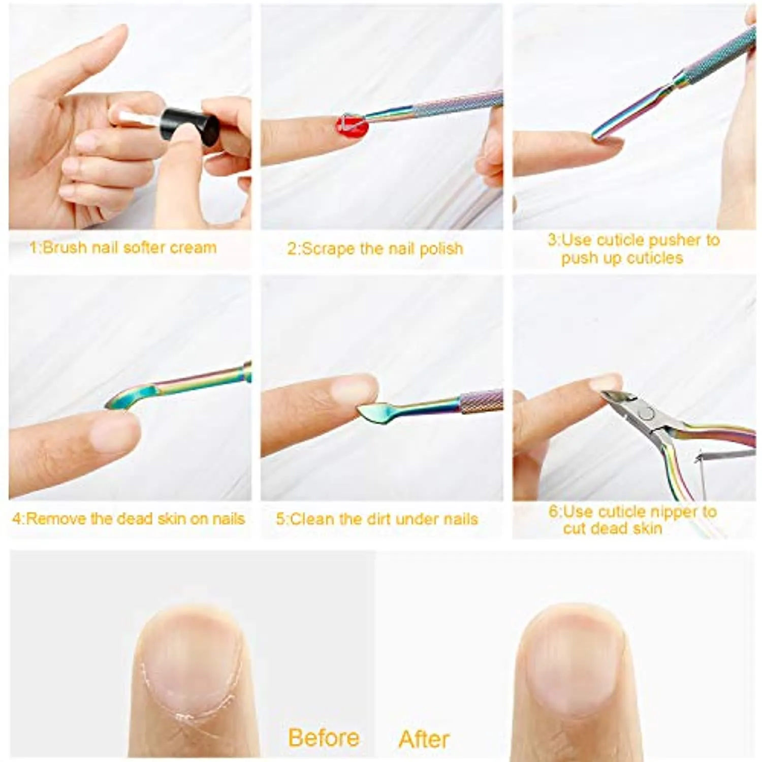 Acrylic Nail Clipper False Nail Tips Clipper Cuticle Trimmer Nipper with Cuticle Pusher Cuticle Remover, Stainless Steel Rainbow Color Nail Manicure Set for Salon Home Nail Art