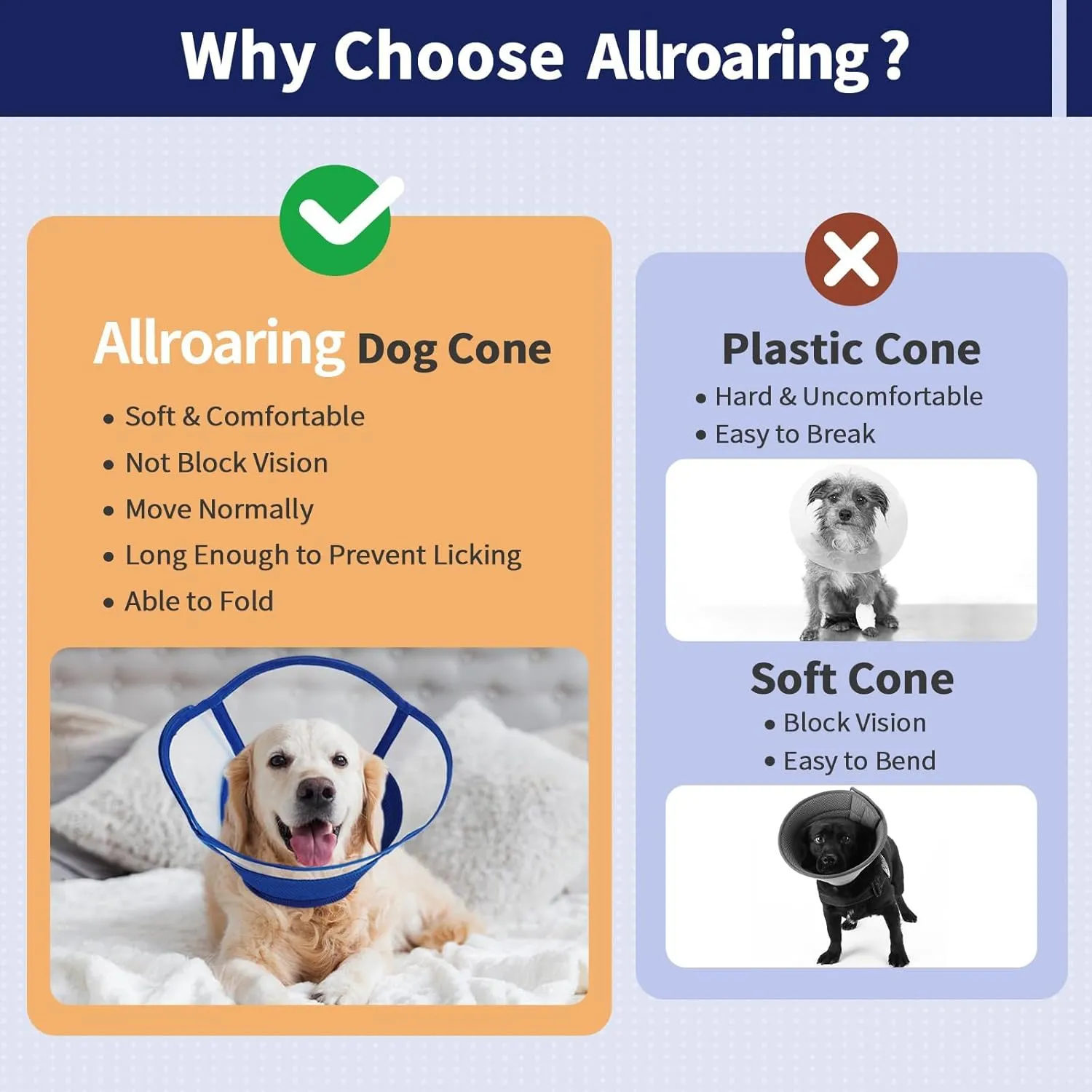 Allroaring Dog Collar After Surgery, Soft Cones for Large Dogs, Adjustable Dog Cone Collar Protective Pet Recovery Collars Cones to Stop Licking for Wound Healing Care Spay Neuter, Blue L