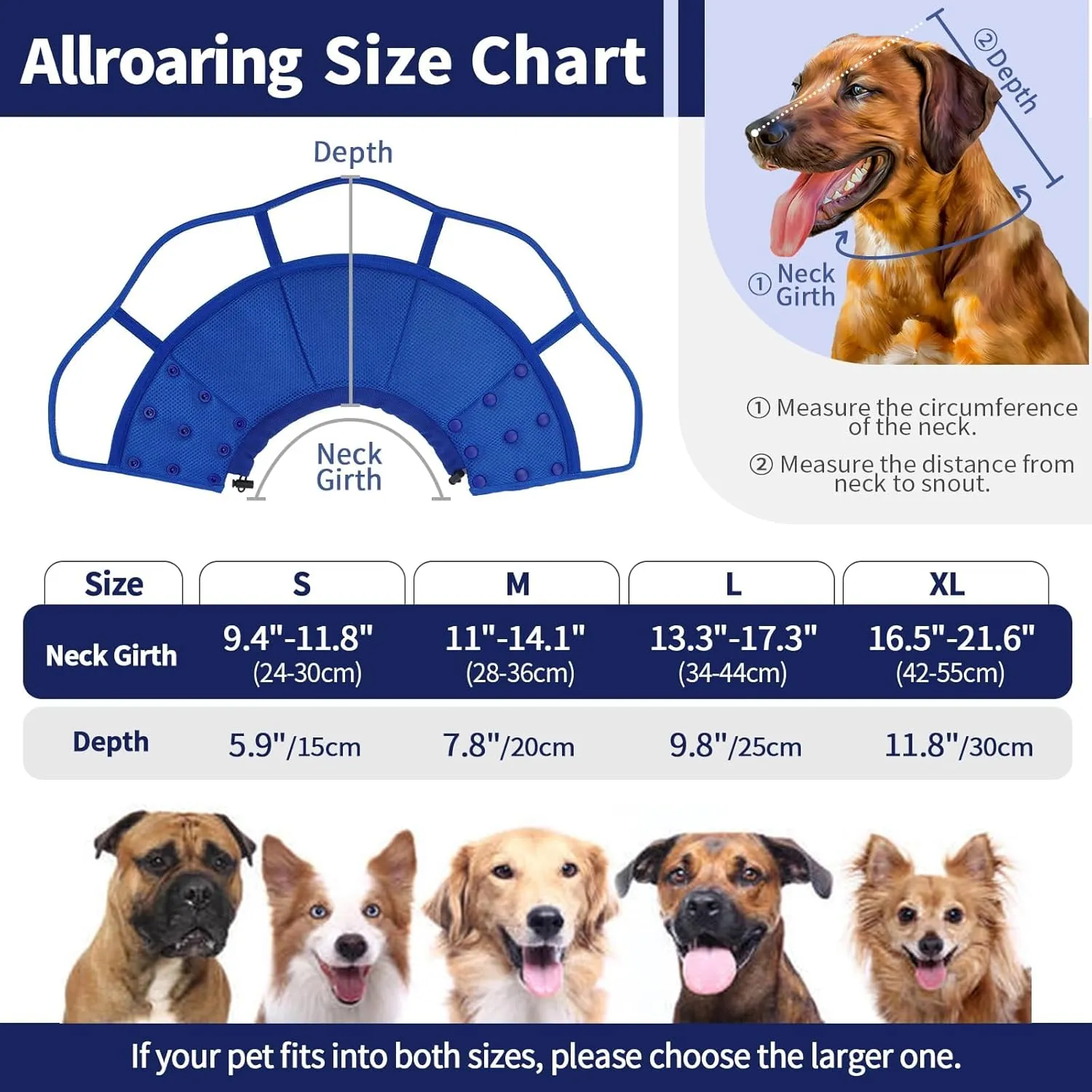Allroaring Dog Collar After Surgery, Soft Cones for Large Dogs, Adjustable Dog Cone Collar Protective Pet Recovery Collars Cones to Stop Licking for Wound Healing Care Spay Neuter, Blue L