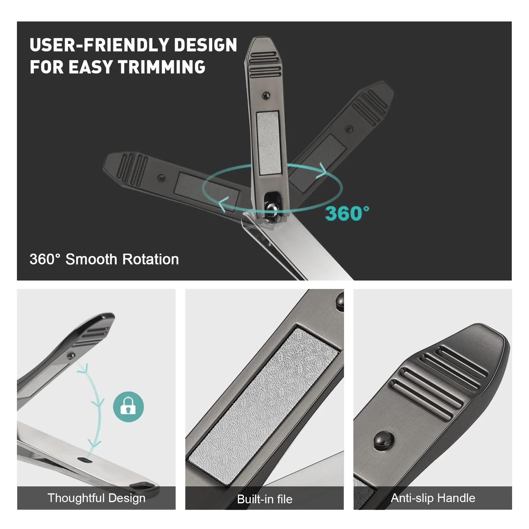 BEZOX Nail Clipper Set, Ergonomic Toenail Clippers with Non-Slip Design, Professional Fingernail Clipper for Men and Women with Nail File and Delicate Tin Case, 2 Pcs Dark