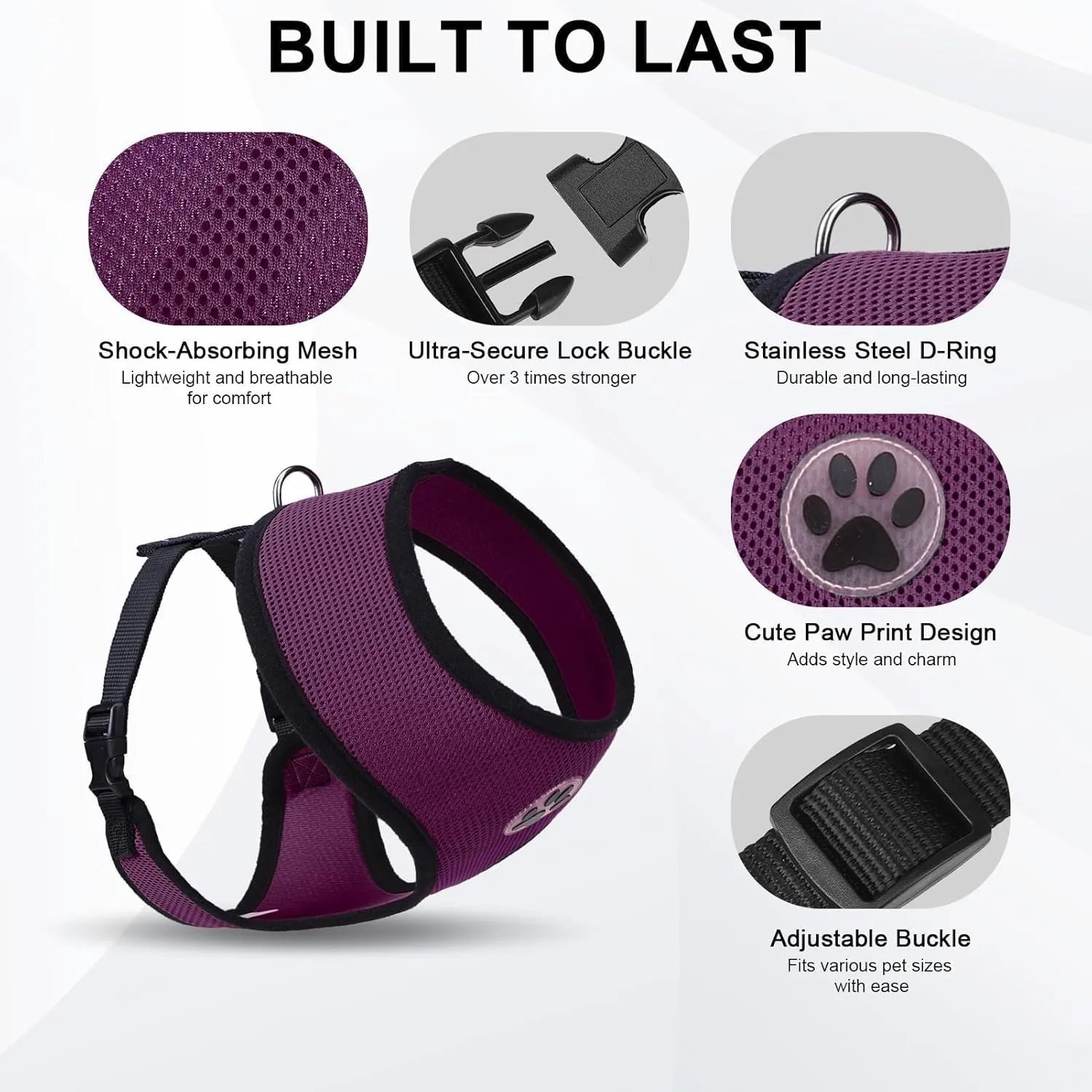 BINGPET No Pull Dog Harness for Small Dog,Soft Adjustable No Choke Escape Proof Pet Harness Vest,Fully Adjustable Harness,Breathable Mesh Puppy Cat Harnesses,Purple,S