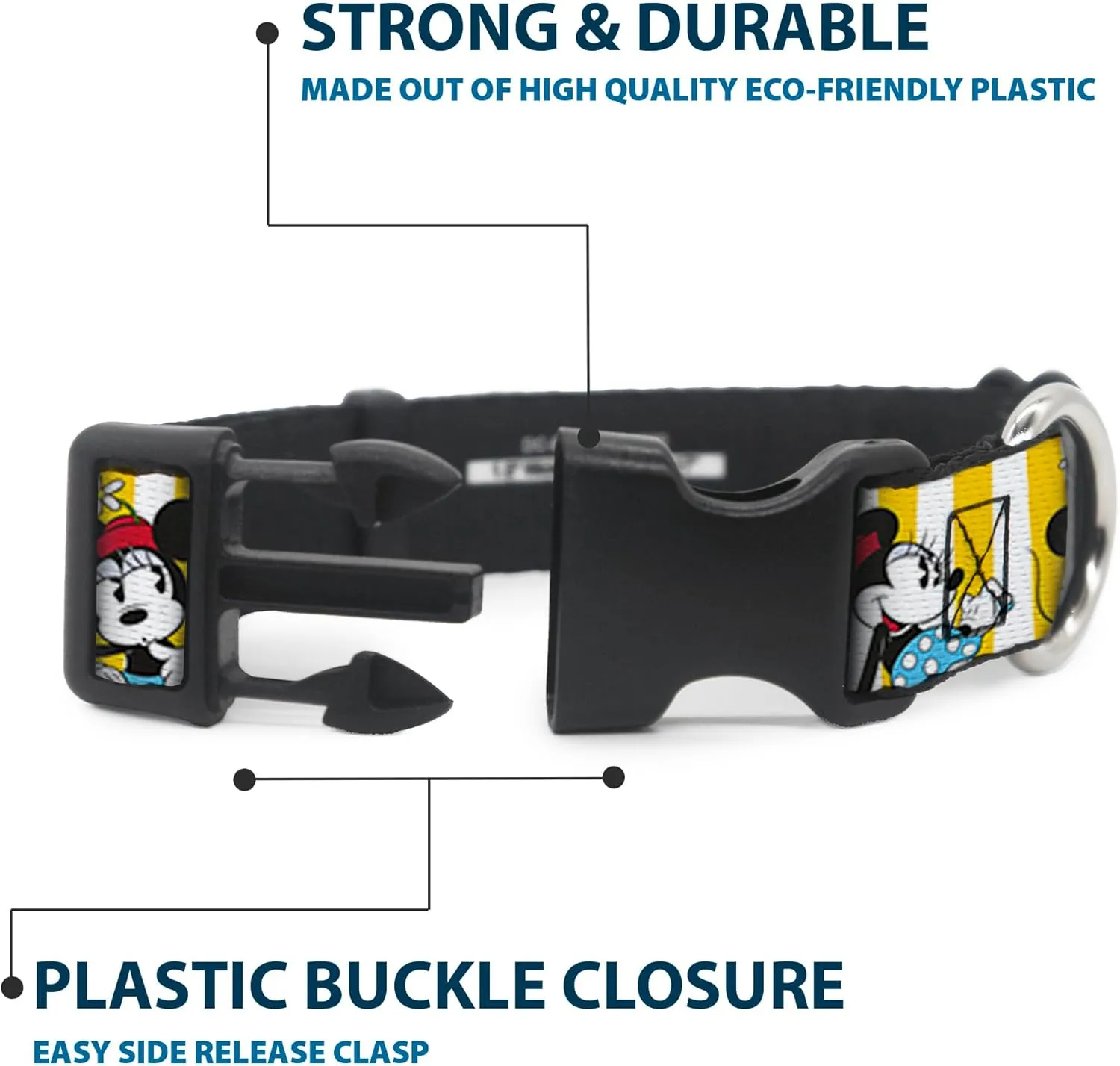 Buckle-Down Minnie Mouse with Hat Poses Stripe Yellow/White Plastic Clip Collar, Wide Medium/16-23"
