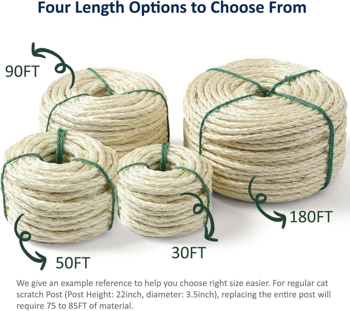 Cat Natural Sisal Rope for Scratching Post Tree Replacement, Hemp Rope for Repairing, Recovering or DIY Scratcher, White, 30FT