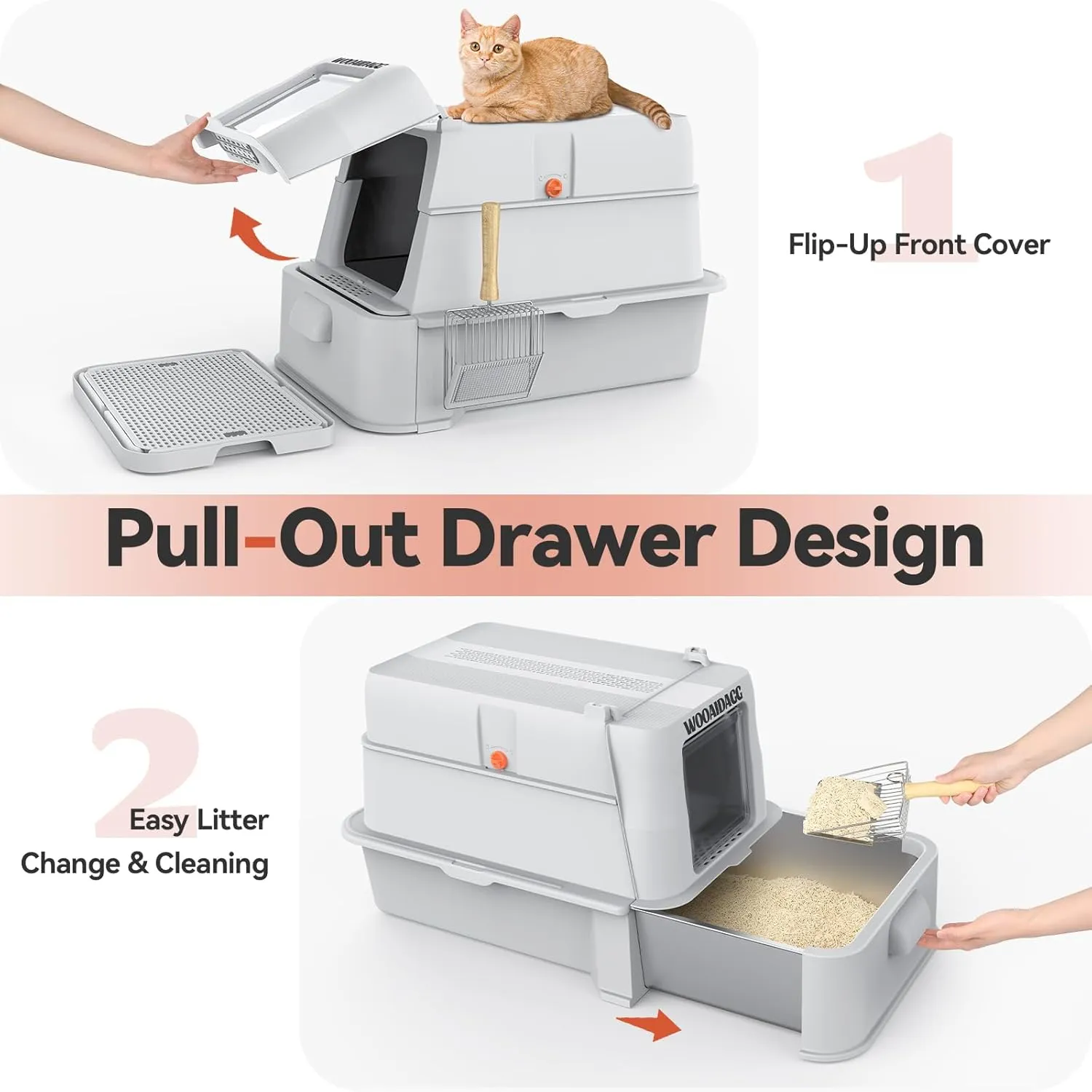 Covered Stainless Steel Cat Litter Box with Odor Control, Modular Design with Drawer, Easy to Clean with Scoop,XL Size Fits All Cats (Light Grey)
