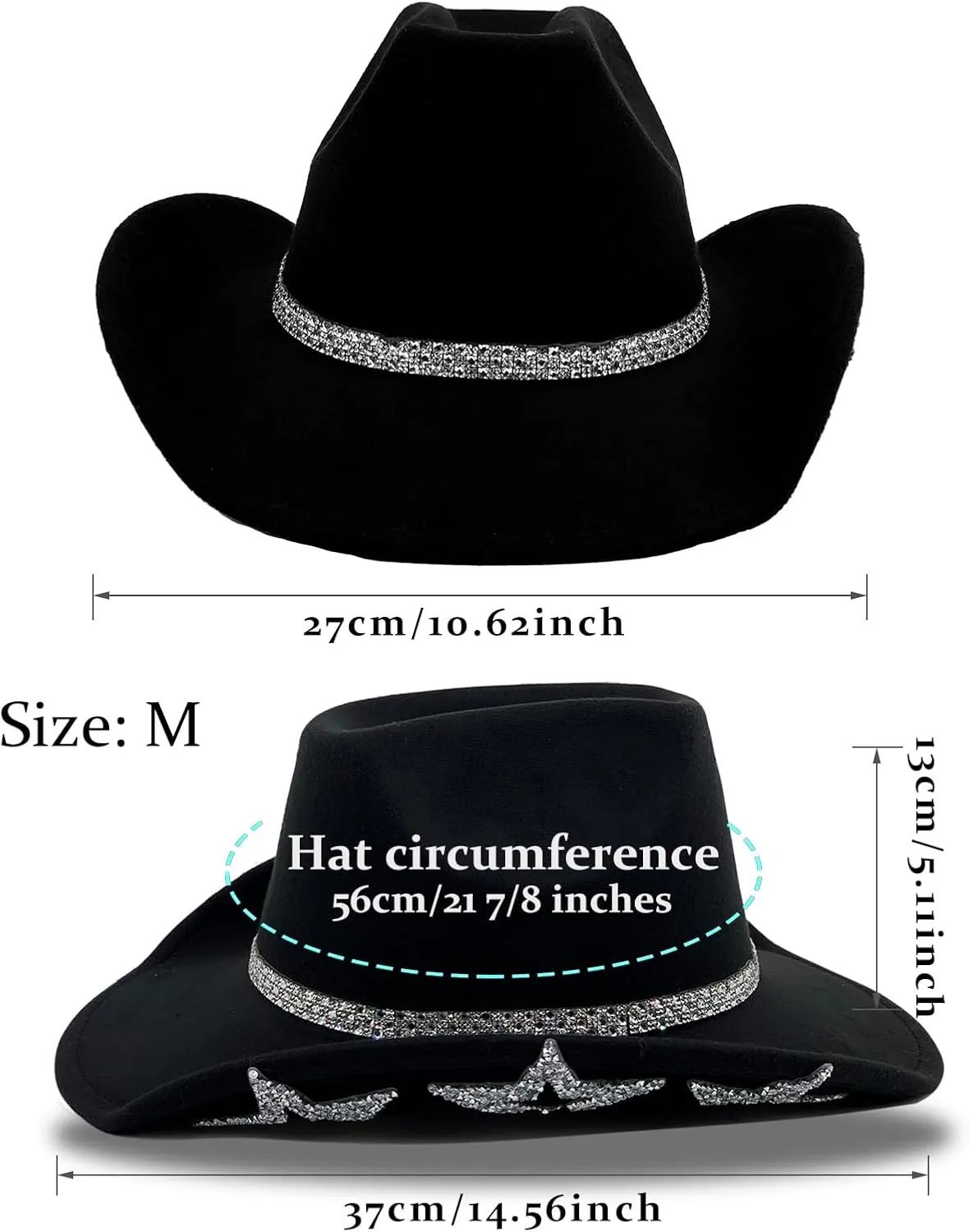 Cowboy Hat for Women Men 6 Sparkly Stars Brim & Rhinestone Belt Western Cowgirl Hat with Sunglasses Bandanas