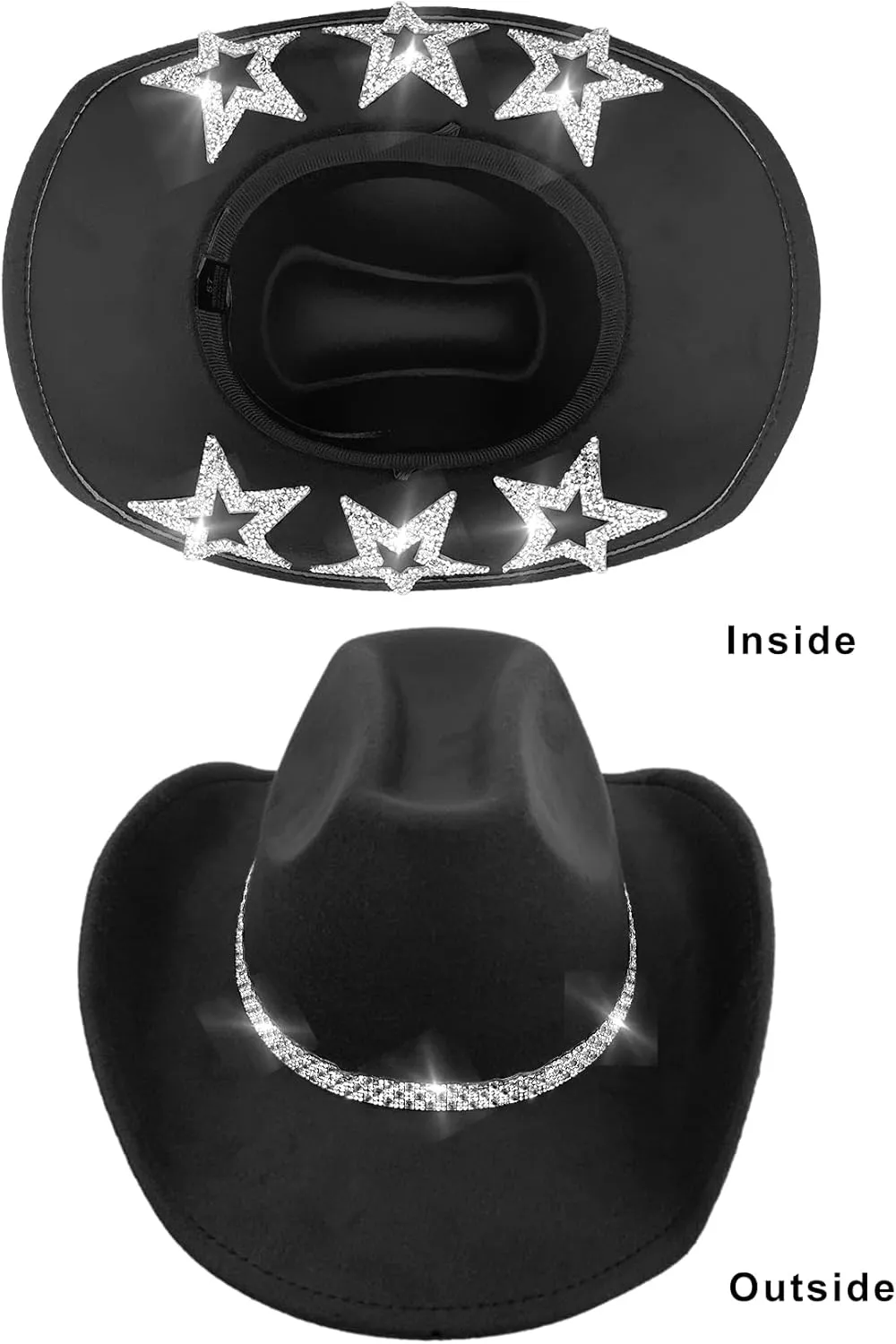 Cowboy Hat for Women Men 6 Sparkly Stars Brim & Rhinestone Belt Western Cowgirl Hat with Sunglasses Bandanas