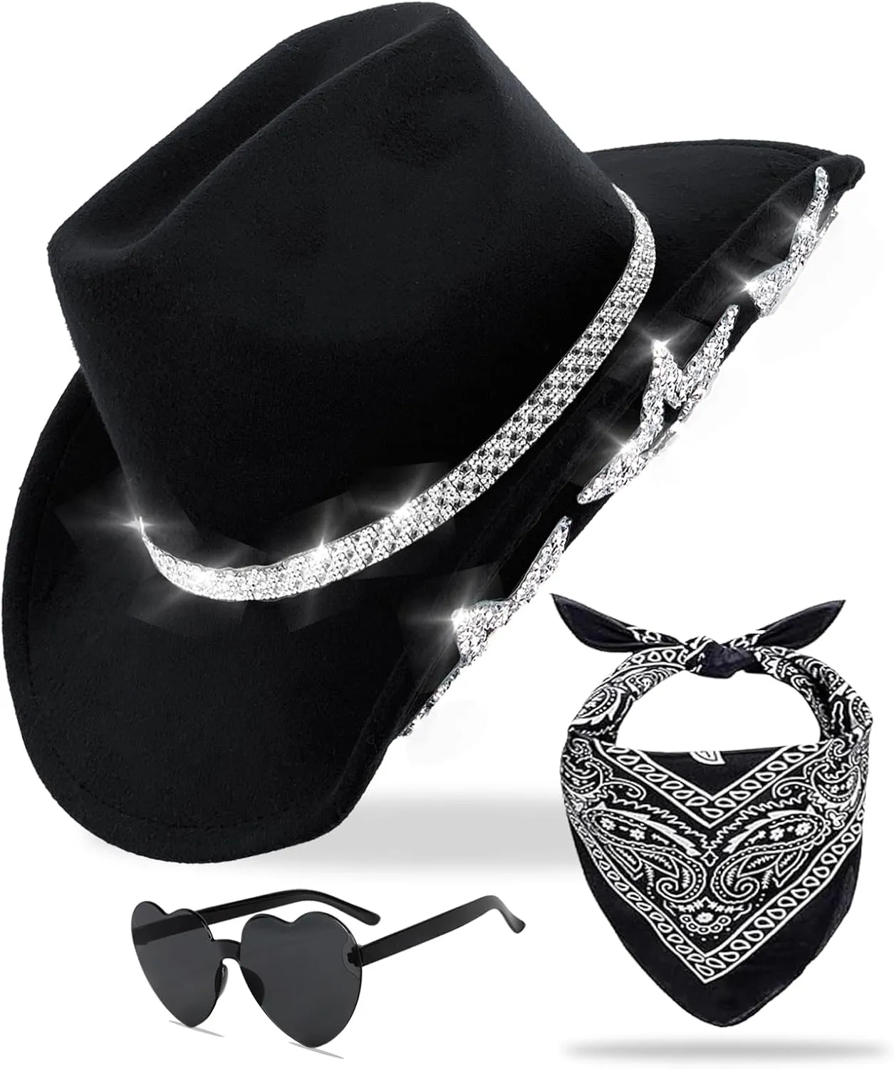 Cowboy Hat for Women Men 6 Sparkly Stars Brim & Rhinestone Belt Western Cowgirl Hat with Sunglasses Bandanas