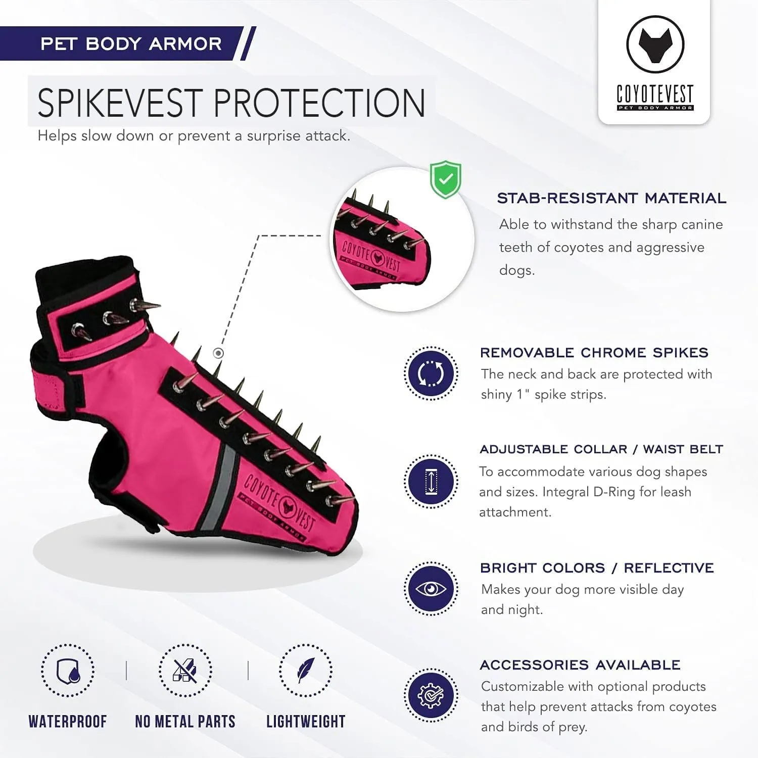 CoyoteVest SpikeVest Dog Harness Vest for Small Dogs, Reflective Dog Vest with Spikes to Shield Your pet from Coyotes, Raptor and Animal Attacks, Anti Hawk Vest, Made in USA (XS-Pink)