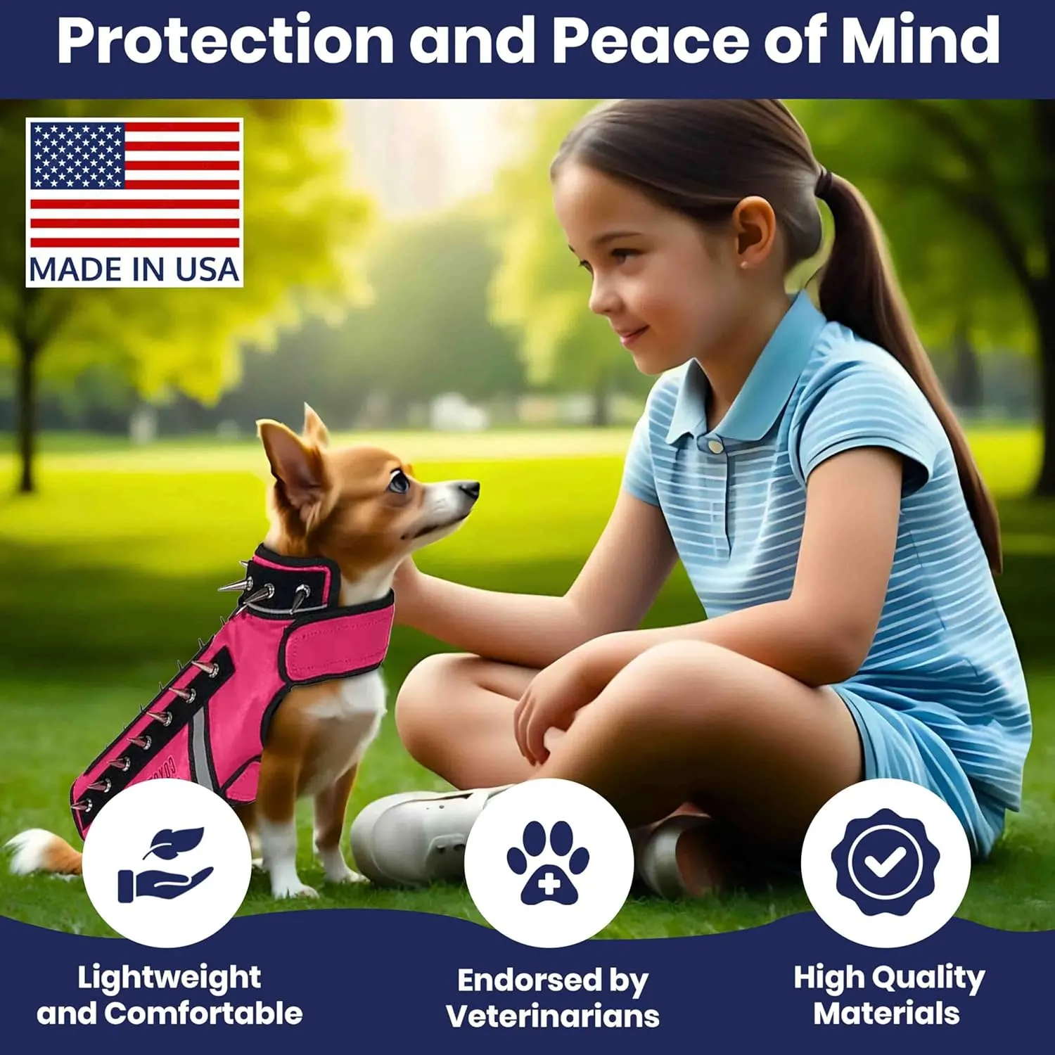 CoyoteVest SpikeVest Dog Harness Vest for Small Dogs, Reflective Dog Vest with Spikes to Shield Your pet from Coyotes, Raptor and Animal Attacks, Anti Hawk Vest, Made in USA (XS-Pink)