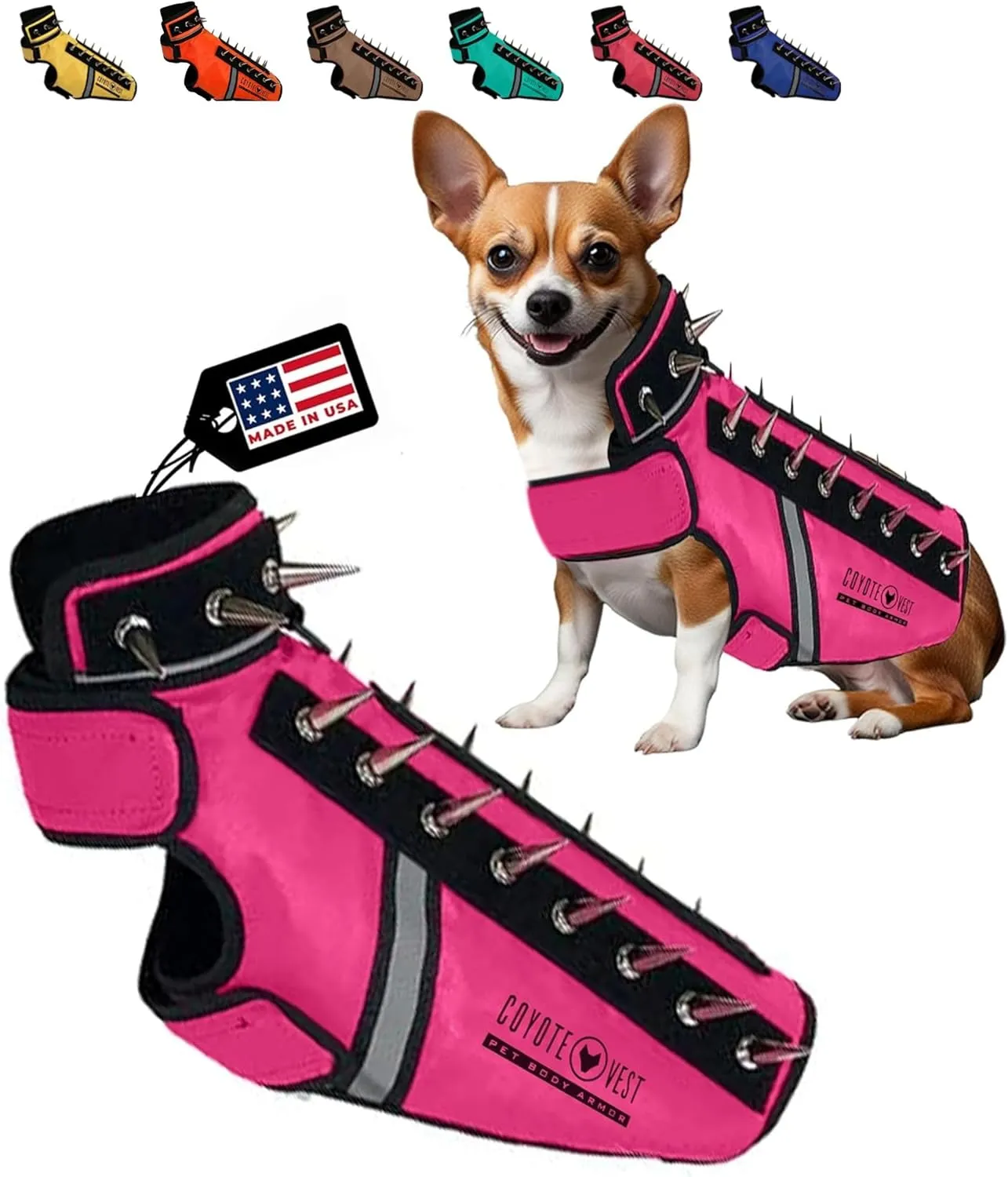 CoyoteVest SpikeVest Dog Harness Vest for Small Dogs, Reflective Dog Vest with Spikes to Shield Your pet from Coyotes, Raptor and Animal Attacks, Anti Hawk Vest, Made in USA (XS-Pink)