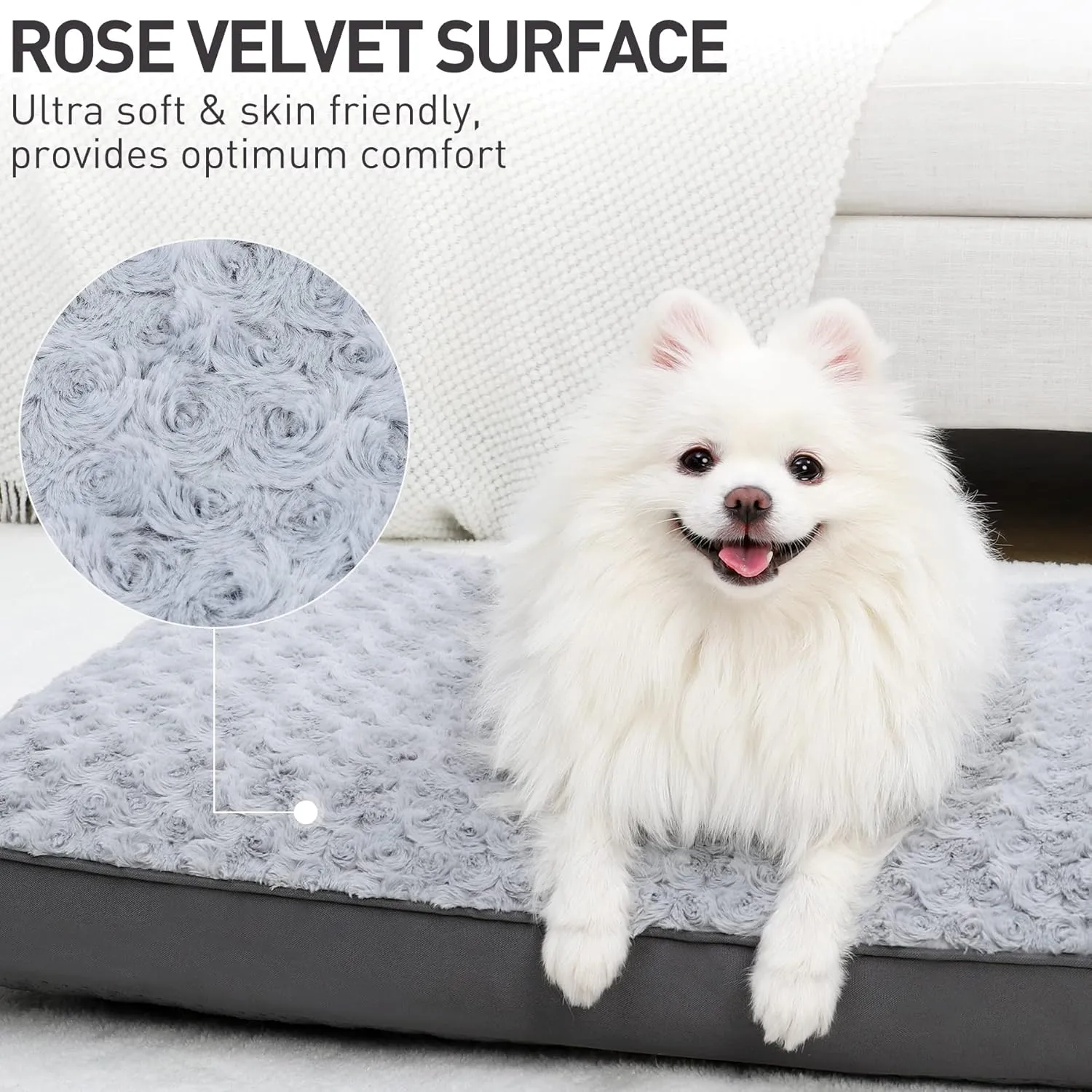 Dog Crate Bed Waterproof for Medium Dogs - Rose Velvet Soft Fluffy Washable With Removable Cover & Anti-Slip Bottom, 29 x 18 Inch, Light Gray