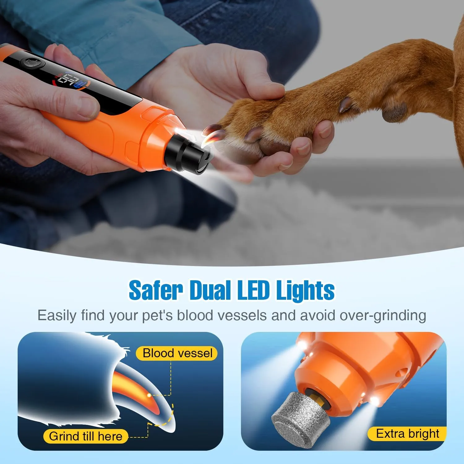Dog Nail Grinder, 6-Speed Quiet Electric Dog Nail Trimmers, Dog Nail Clippers with File for Small Medium Large Dogs, Cats, Rechargeable Pet Paw Grooming Supplies Kit, 2 Grinding Wheels (Orange)