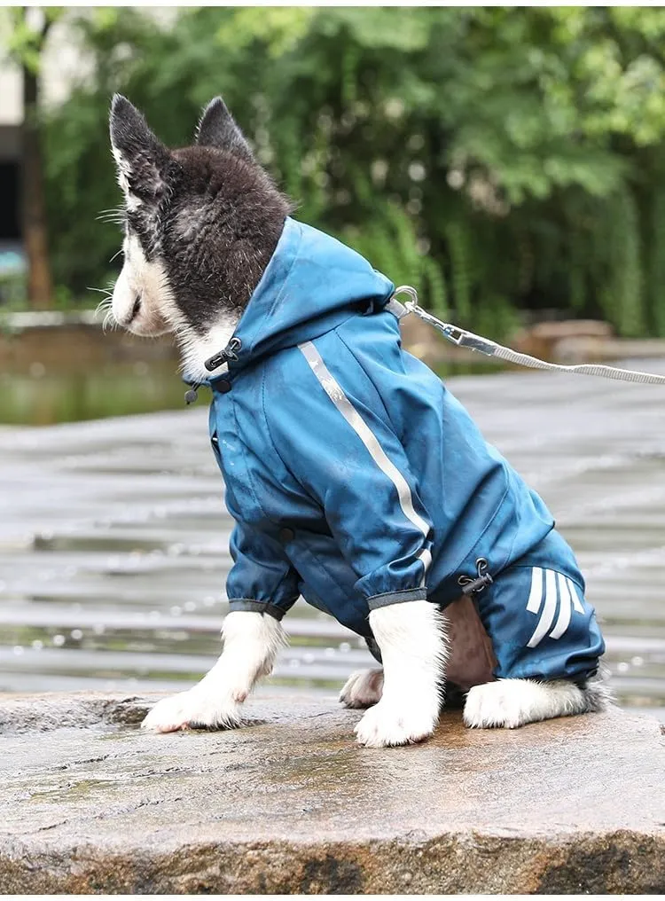 Dog Raincoat, 4 Legs Dog Rain Jacket with Hood, Traction D Ring and Reflective Strips for Small Dogs (Blue, Small)