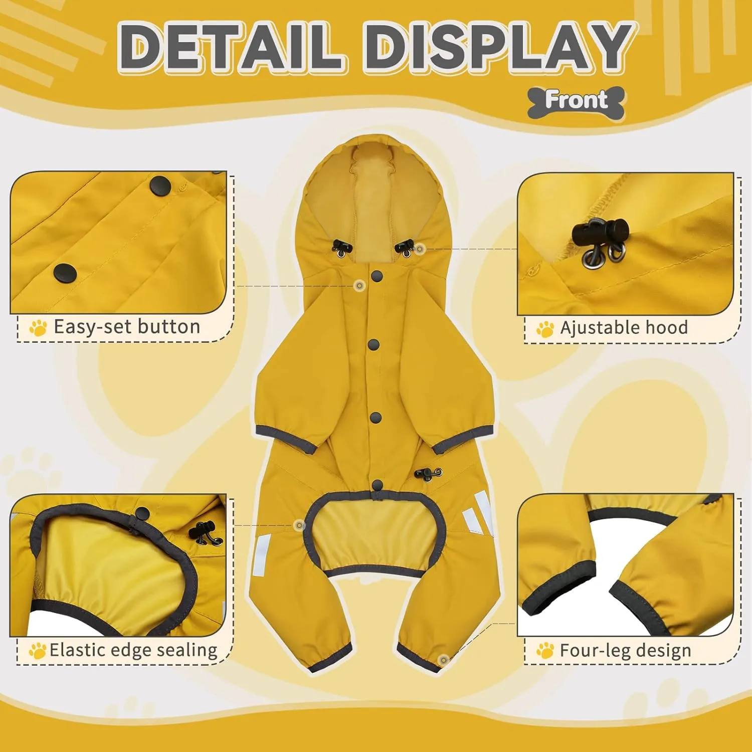 Dog Raincoat, Waterproof Dog Rain Jacket with Hood, Rain Coat with Leash Hole, Reflective Strap for Small Medium Dogs, Lightweight Puppy Clothes(Yellow,L)