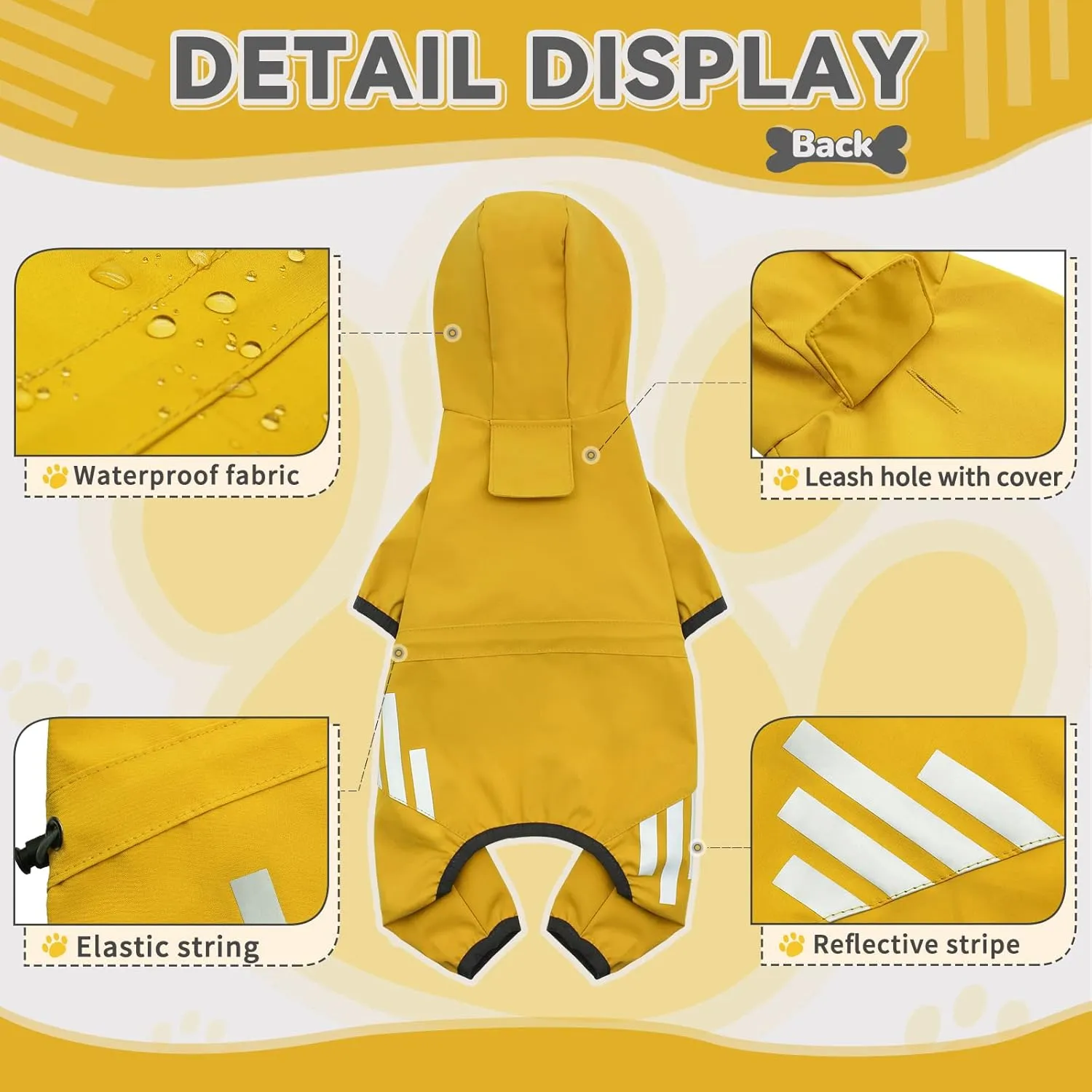 Dog Raincoat, Waterproof Dog Rain Jacket with Hood, Rain Coat with Leash Hole, Reflective Strap for Small Medium Dogs, Lightweight Puppy Clothes(Yellow,L)