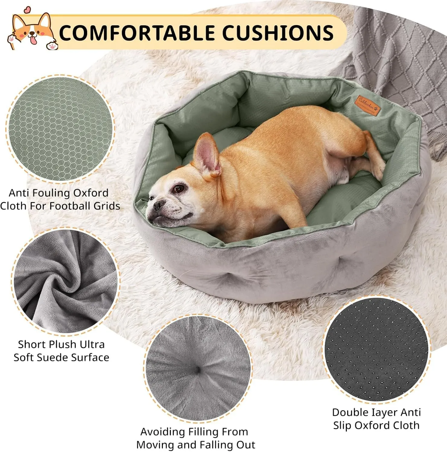 Dual-Sided Dog Beds for Medium & Small Dogs - Round Cat Beds for Indoor Cats, Washable Pet Bed for Puppy and Kitten with Slip-Resistant Bottom (Grey, 25" L x 25" W x 8" Th)