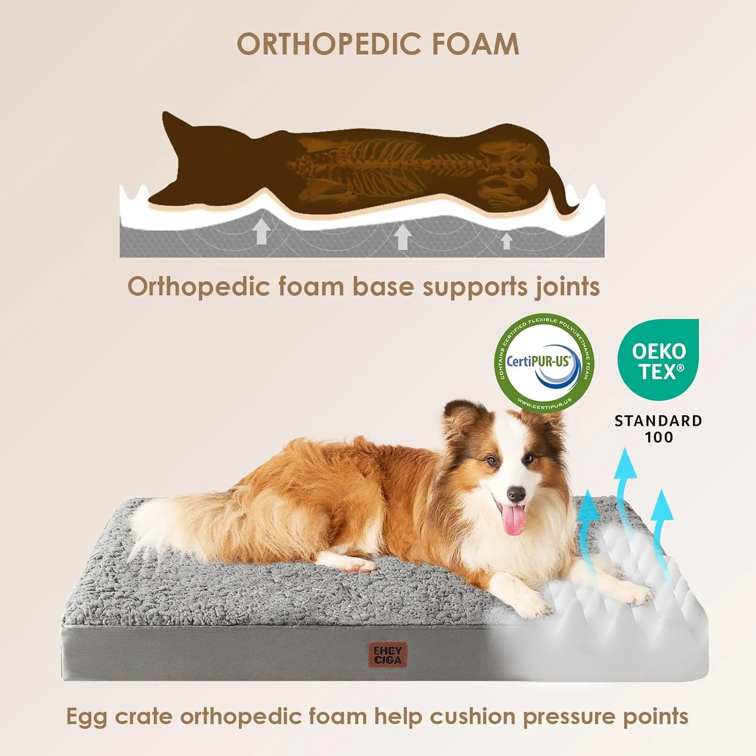 EHEYCIGA Orthopedic XL Dog Beds for Extra Large Dogs with Removable Washable Cover, Light Grey, 44x32