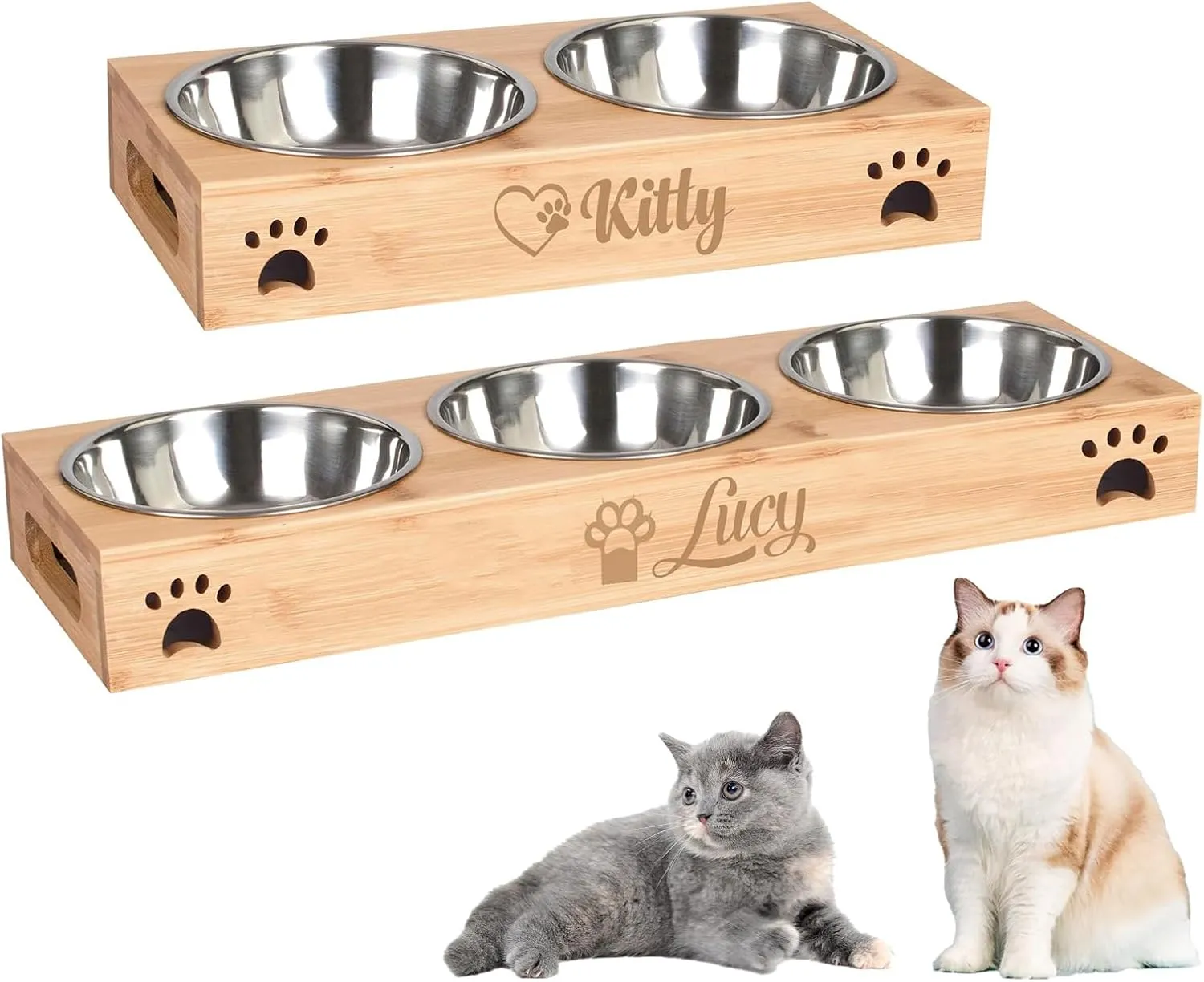 Engraved Personalized Cat Bowls with Name, BUGMKCS Customized Pet Food Bowls Sets for Both Cat & Dog, Anti Slip Raised Steel Stanless Water Fountain, Durable Dog Feeding Station for Pet's Gifts