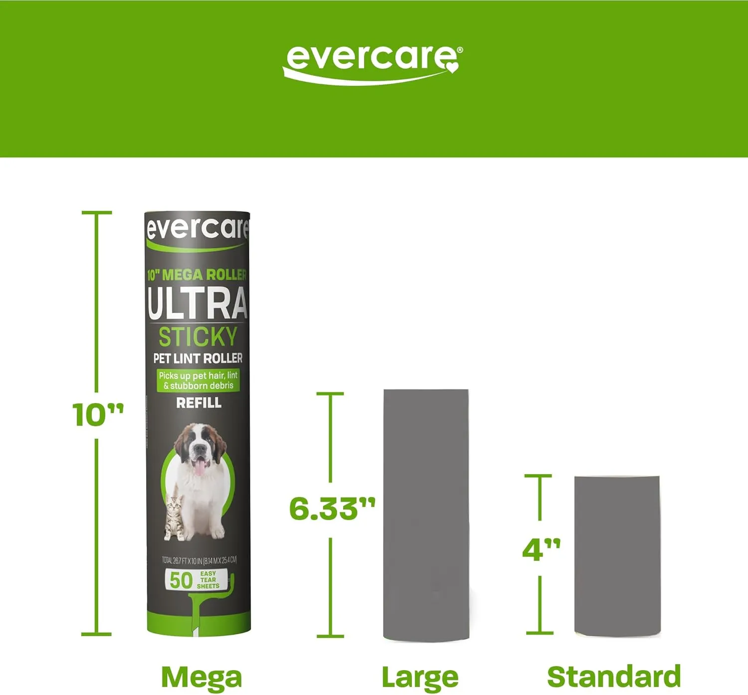 Evercare 10 Mega All-Purpose Pet Hair Lint Roller Refills, 3 Pack, 50 Sheets Each  Sticky Roller for Pet Hair, Cat & Dog Hair Remover, Lint Remover, Pet Hair Remover for Furniture, Clothing & Cars