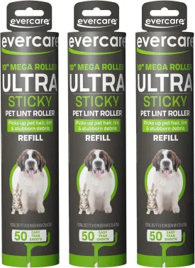 Evercare 10 Mega All-Purpose Pet Hair Lint Roller Refills, 3 Pack, 50 Sheets Each  Sticky Roller for Pet Hair, Cat & Dog Hair Remover, Lint Remover, Pet Hair Remover for Furniture, Clothing & Cars