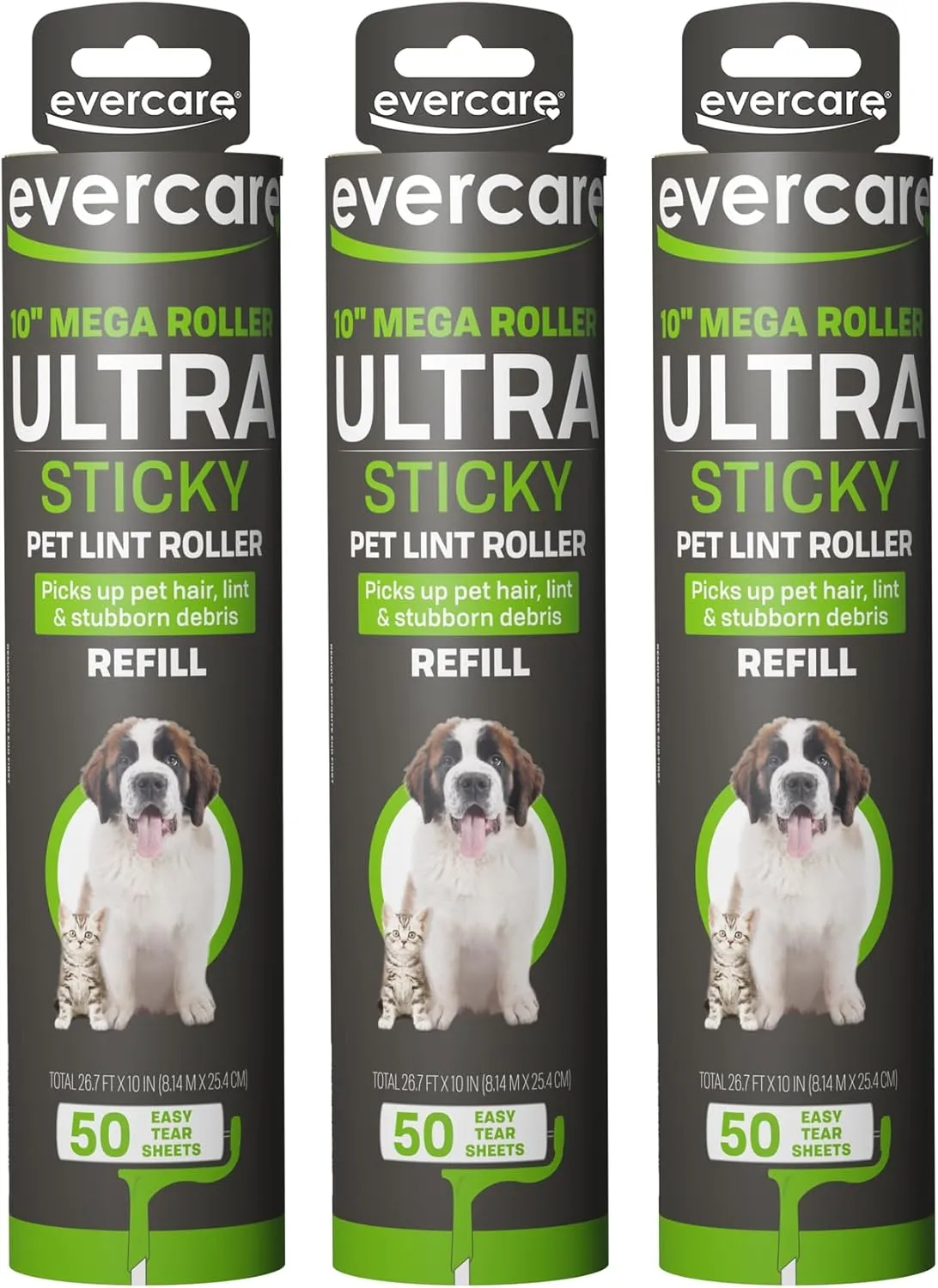 Evercare 10 Mega All-Purpose Pet Hair Lint Roller Refills, 3 Pack, 50 Sheets Each  Sticky Roller for Pet Hair, Cat & Dog Hair Remover, Lint Remover, Pet Hair Remover for Furniture, Clothing & Cars