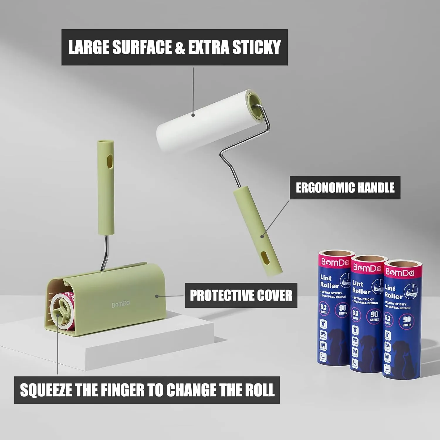 Extra Sticky Large Surface Lint Roller, 6.3'' Giant Lint Roller for Pet Hair, 360 Sheets/ 4 Refills, Long Handle Lint Remover for Clothes, Furniture (1 Roller   360 Sheets)