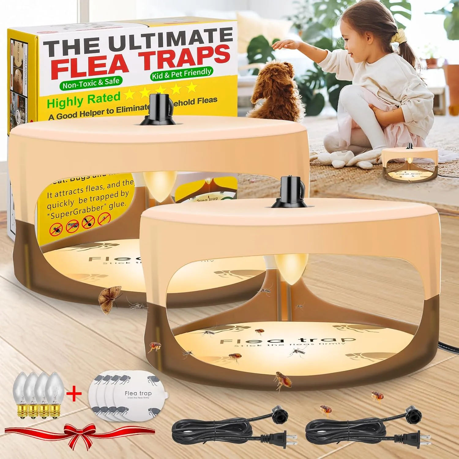Flea Traps for Inside Your Home,Sticky Flea Trap,Flea Treatment with Light Refills and Sticky Pads,Upgraded Electronic Flea Trap,Flea Bombs for Home,Flea Killer for Home(2 Pack)
