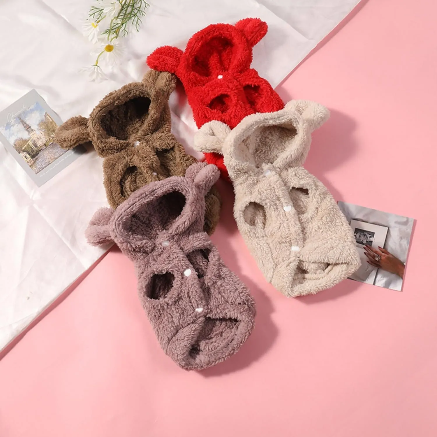 Fleece Dog Hoodies Warm Pet Clothes for Small Dog Coat Jacket Cute Bear Ear Dog Clothing Chihuahua Yorkie Costume (Beige,S)