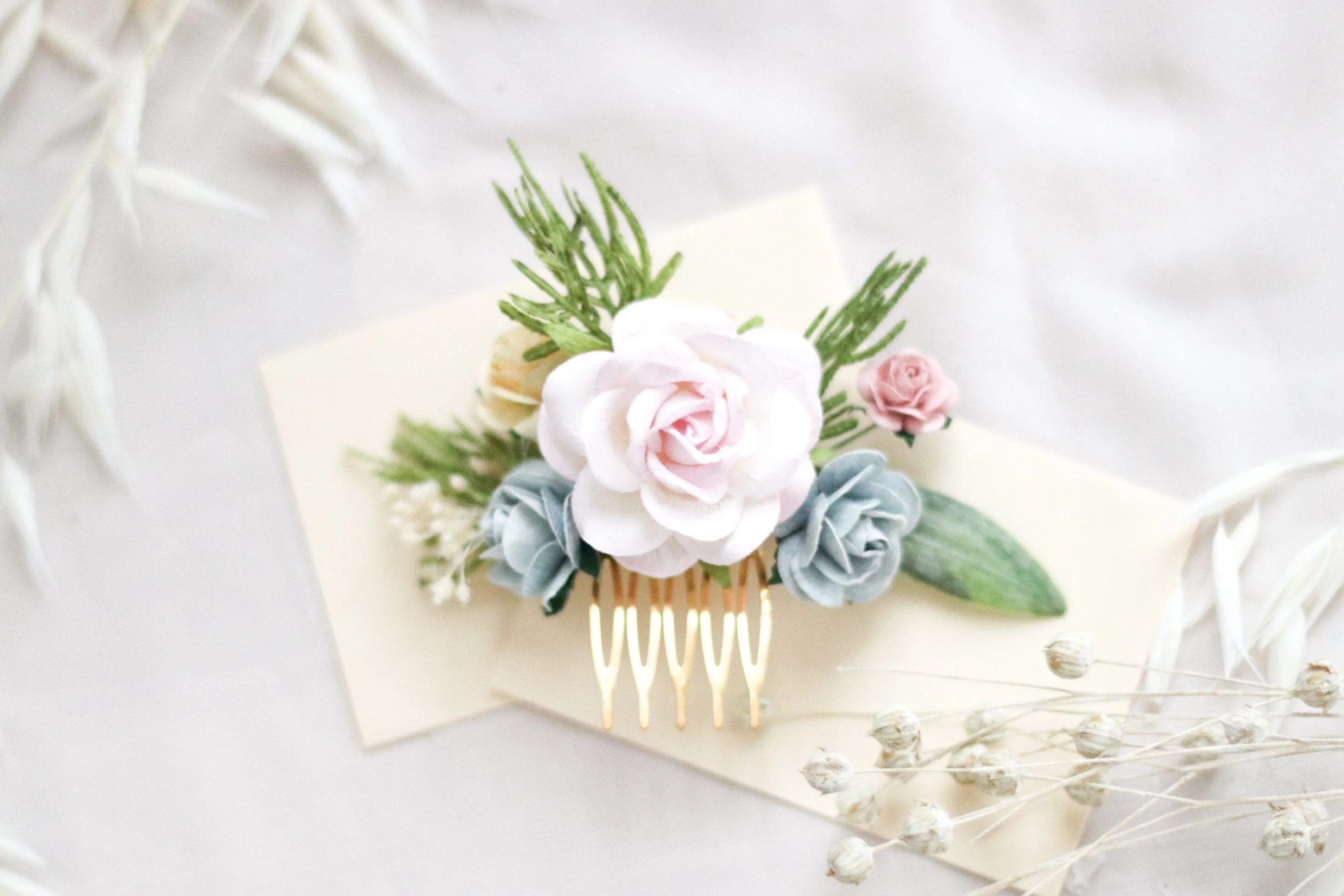 Flower Hair Comb / Blush Pink Mulberry Paper Rose Wedding Comb