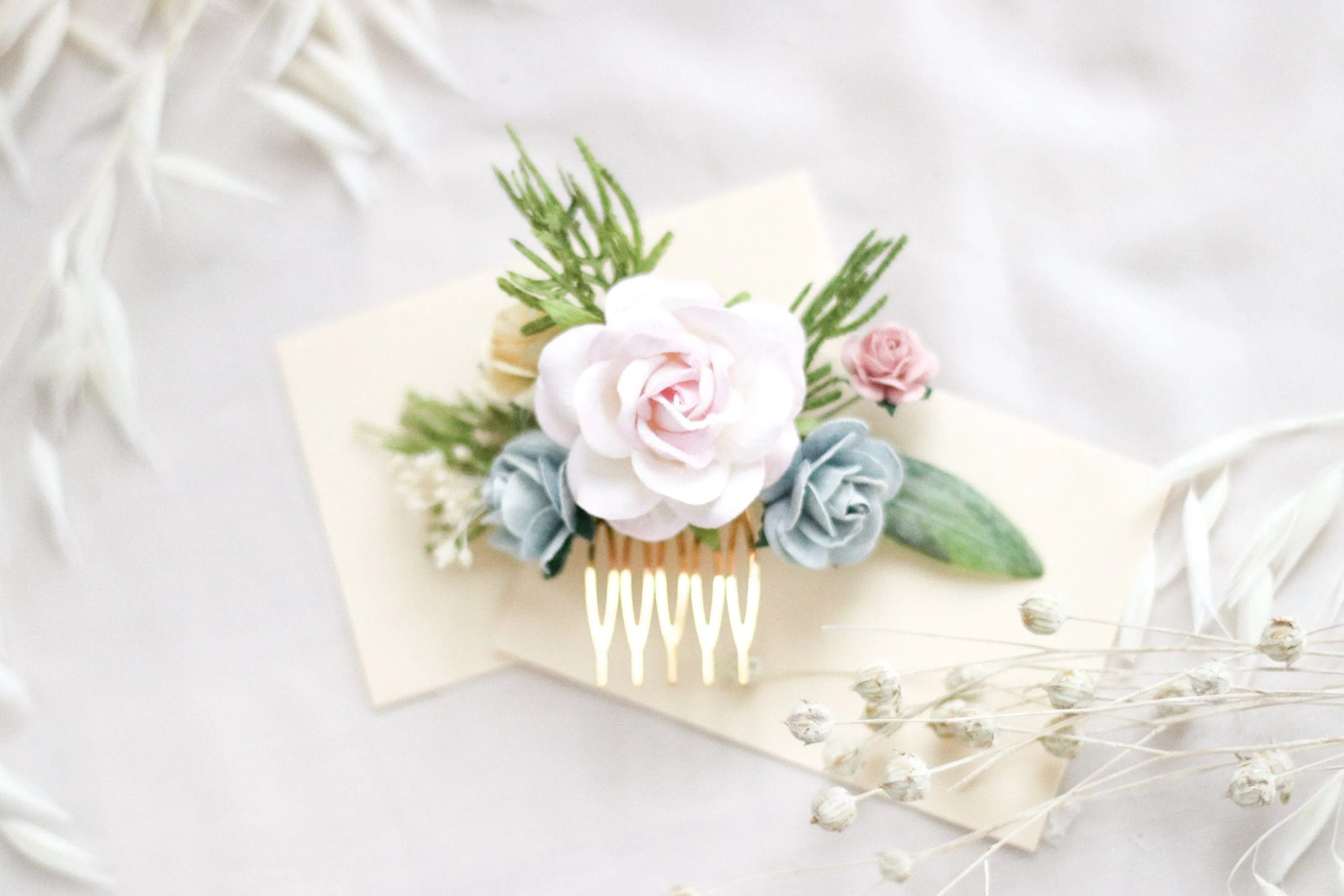 Flower Hair Comb / Blush Pink Mulberry Paper Rose Wedding Comb