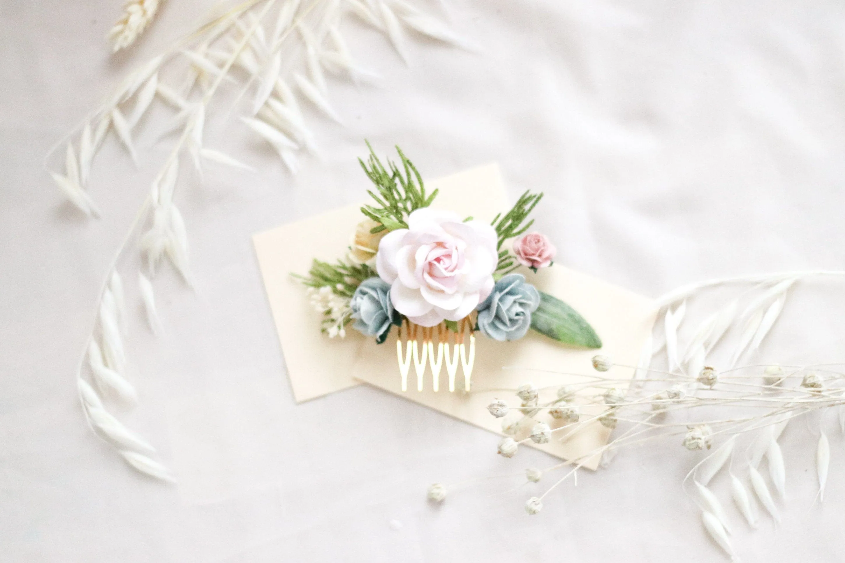 Flower Hair Comb / Blush Pink Mulberry Paper Rose Wedding Comb