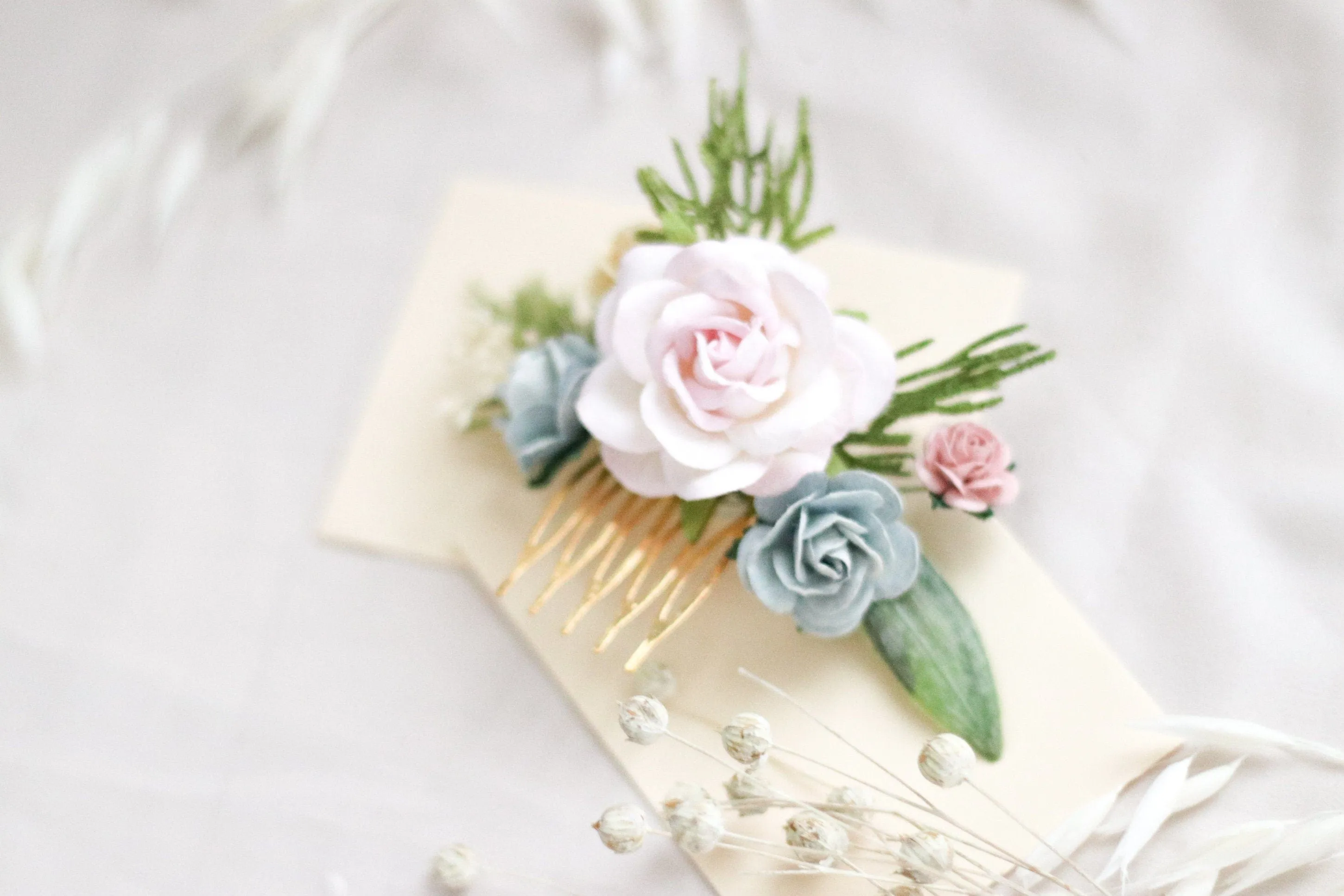Flower Hair Comb / Blush Pink Mulberry Paper Rose Wedding Comb