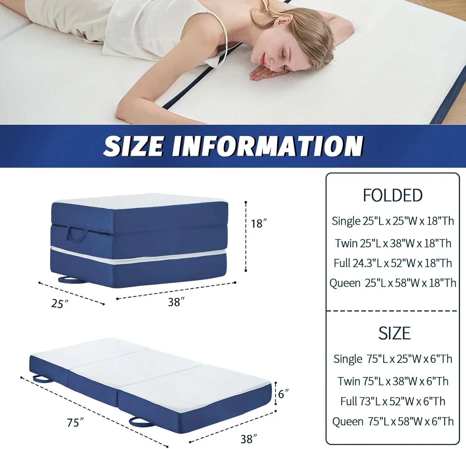 Folding Mattress Twin,6 inch Memory Foam Tri Fold,Portable Mattress with Washable Cover, Guest Bed Portable Foldable Mattress Topper for Camping, Road Trip,Travel(38"75"6")
