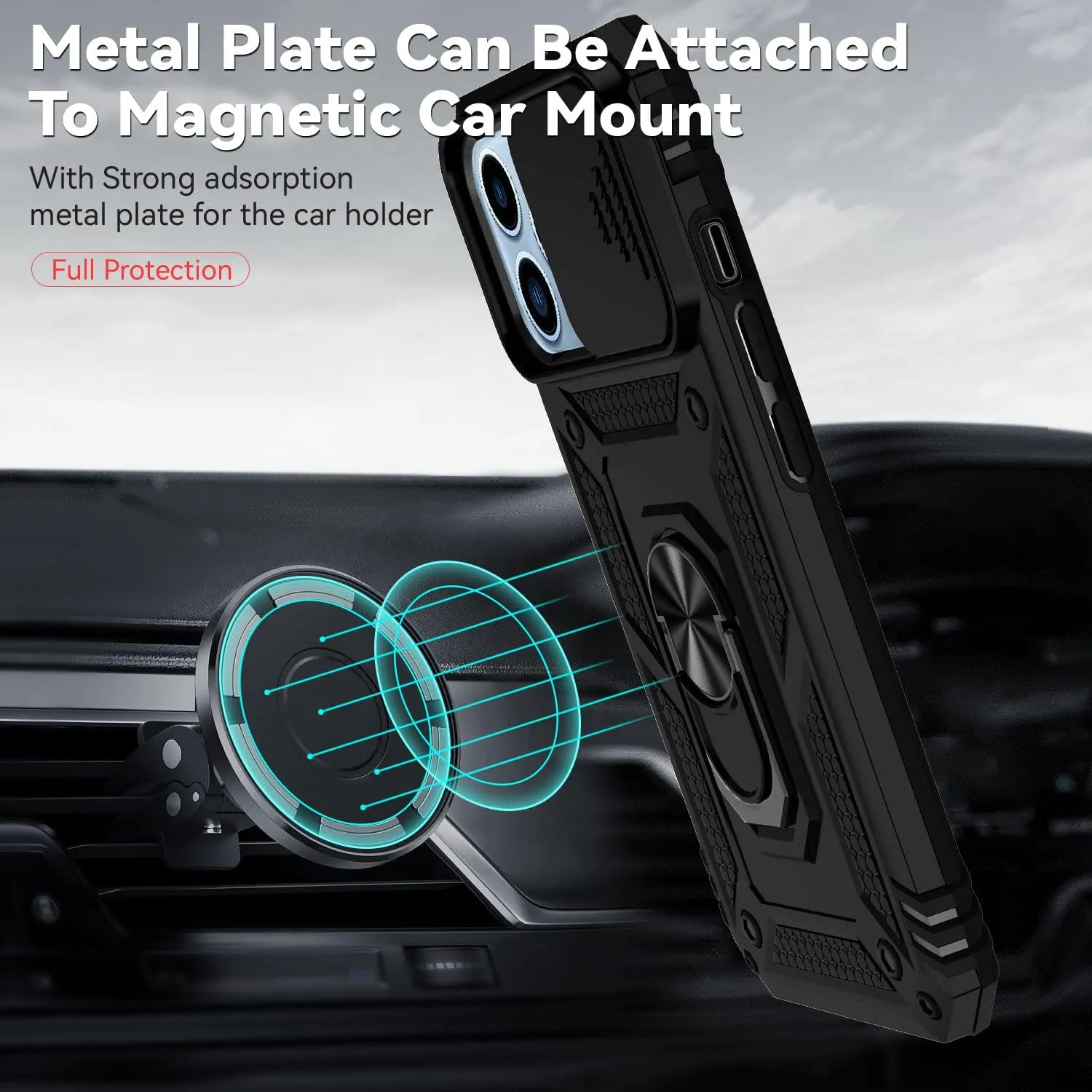 for iPhone 13 Pro Max Case with Camera Lens Cover HD Screen Protector, Military Grade Drop Protection Magnetic Ring Holder Kickstand Protective Phone Case for Apple iPhone 13 Pro Max 6.7 inch (Black)