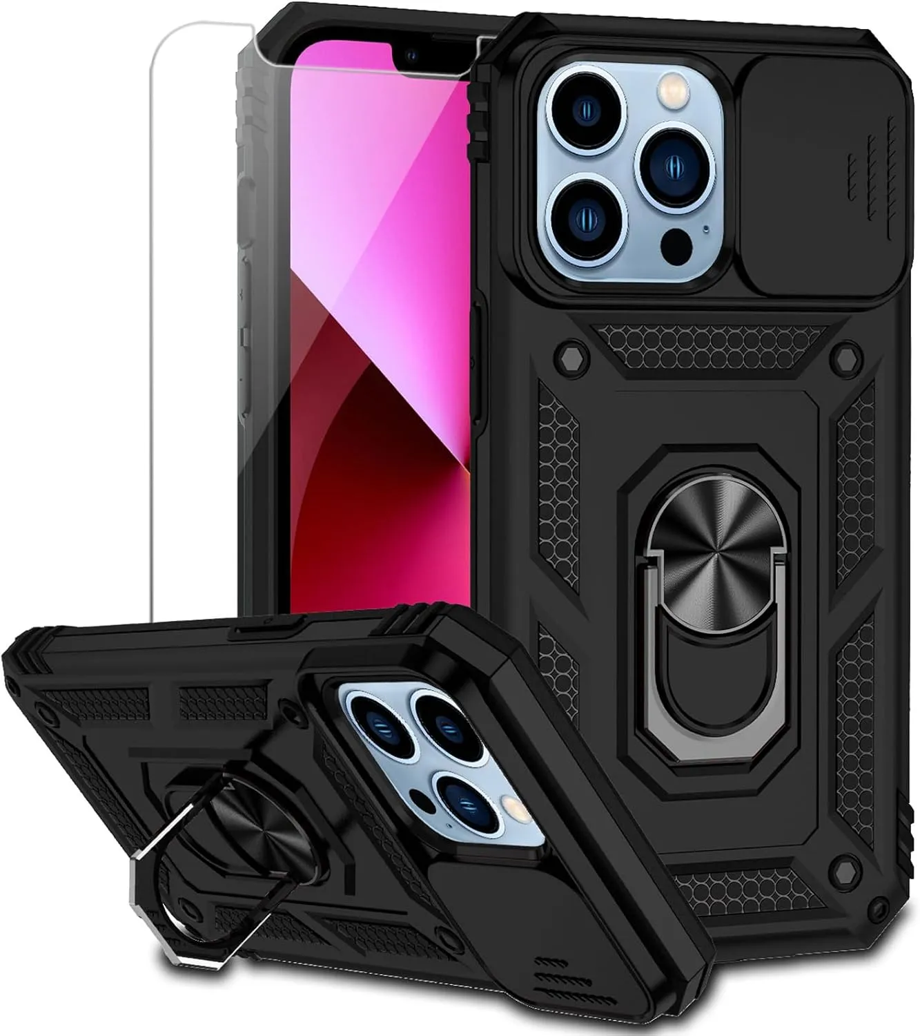 for iPhone 13 Pro Max Case with Camera Lens Cover HD Screen Protector, Military Grade Drop Protection Magnetic Ring Holder Kickstand Protective Phone Case for Apple iPhone 13 Pro Max 6.7 inch (Black)