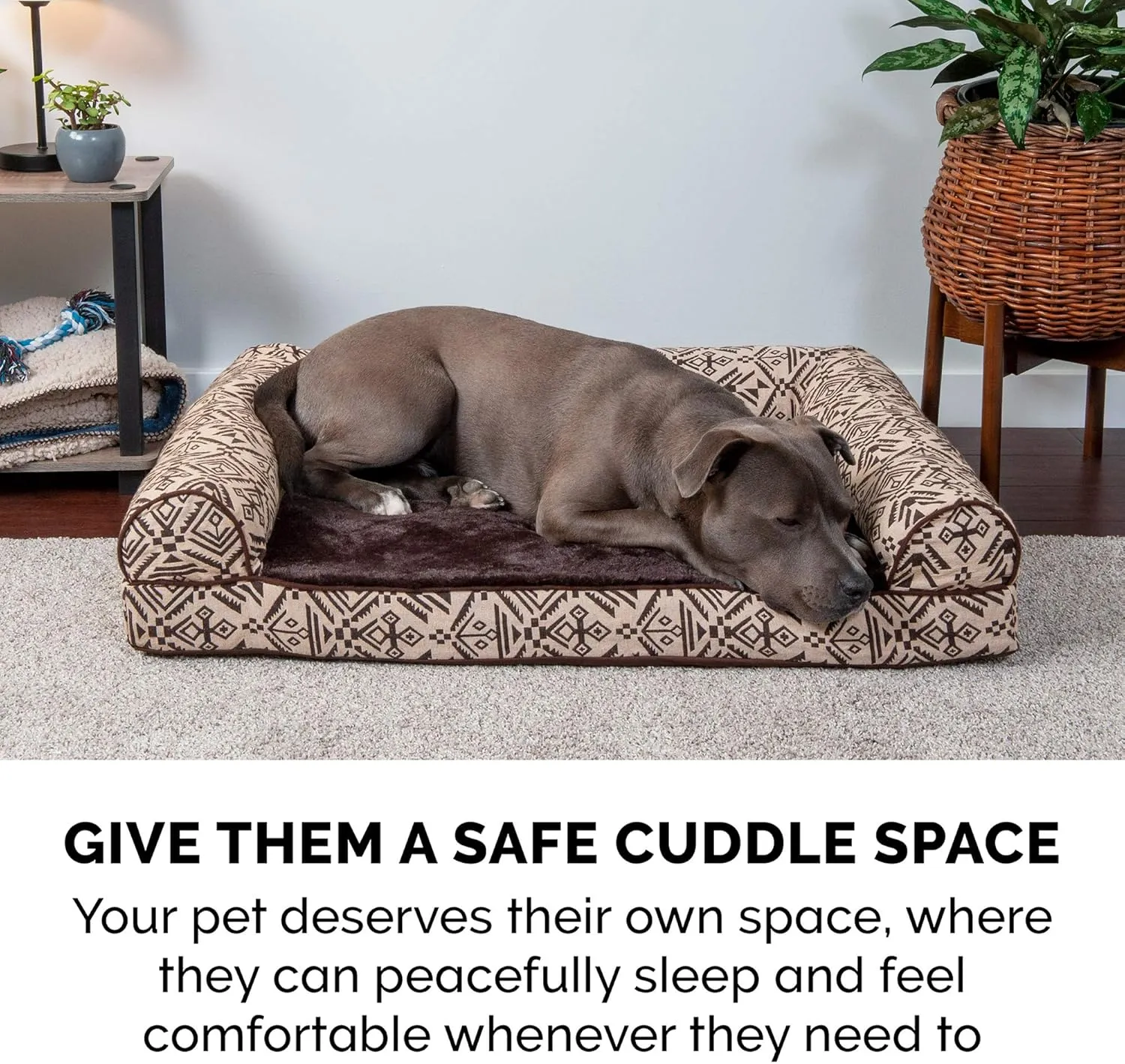 Furhaven Cooling Gel Dog Bed for Large Dogs w/ Removable Bolsters & Washable Cover, For Dogs Up to 95 lbs - Plush & Southwest Kilim Woven Decor Sofa - Desert Brown, Jumbo/XL